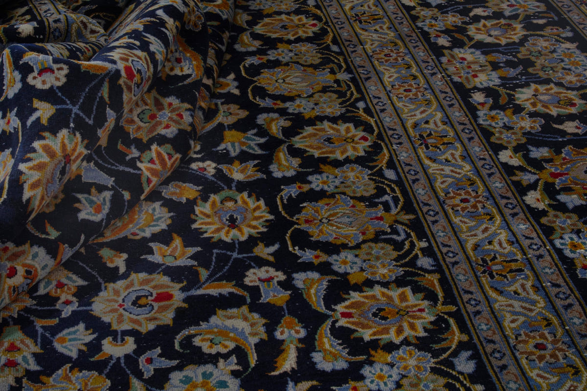 Persian Kashan oversized rug in navy and cream, view 17 of 20