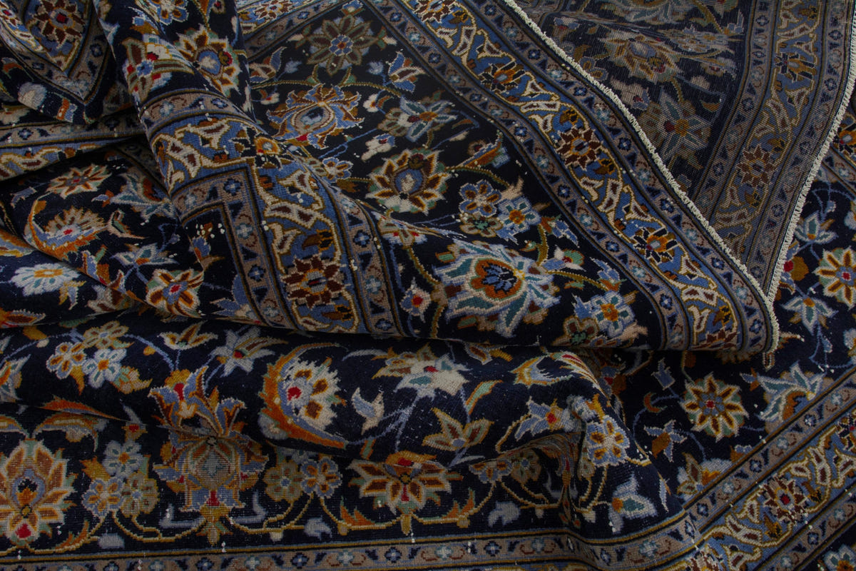 Persian Kashan oversized rug in navy and cream, view 18 of 20