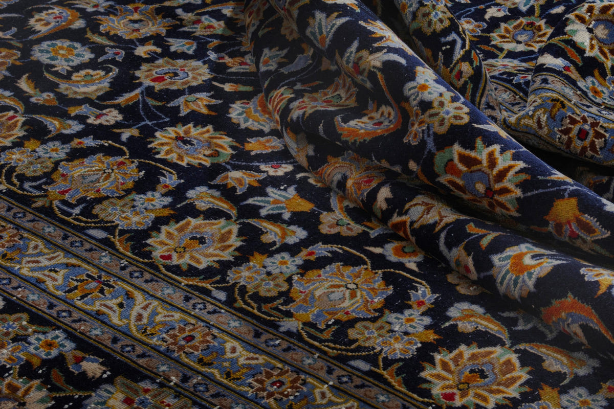 Persian Kashan oversized rug in navy and cream, view 19 of 20