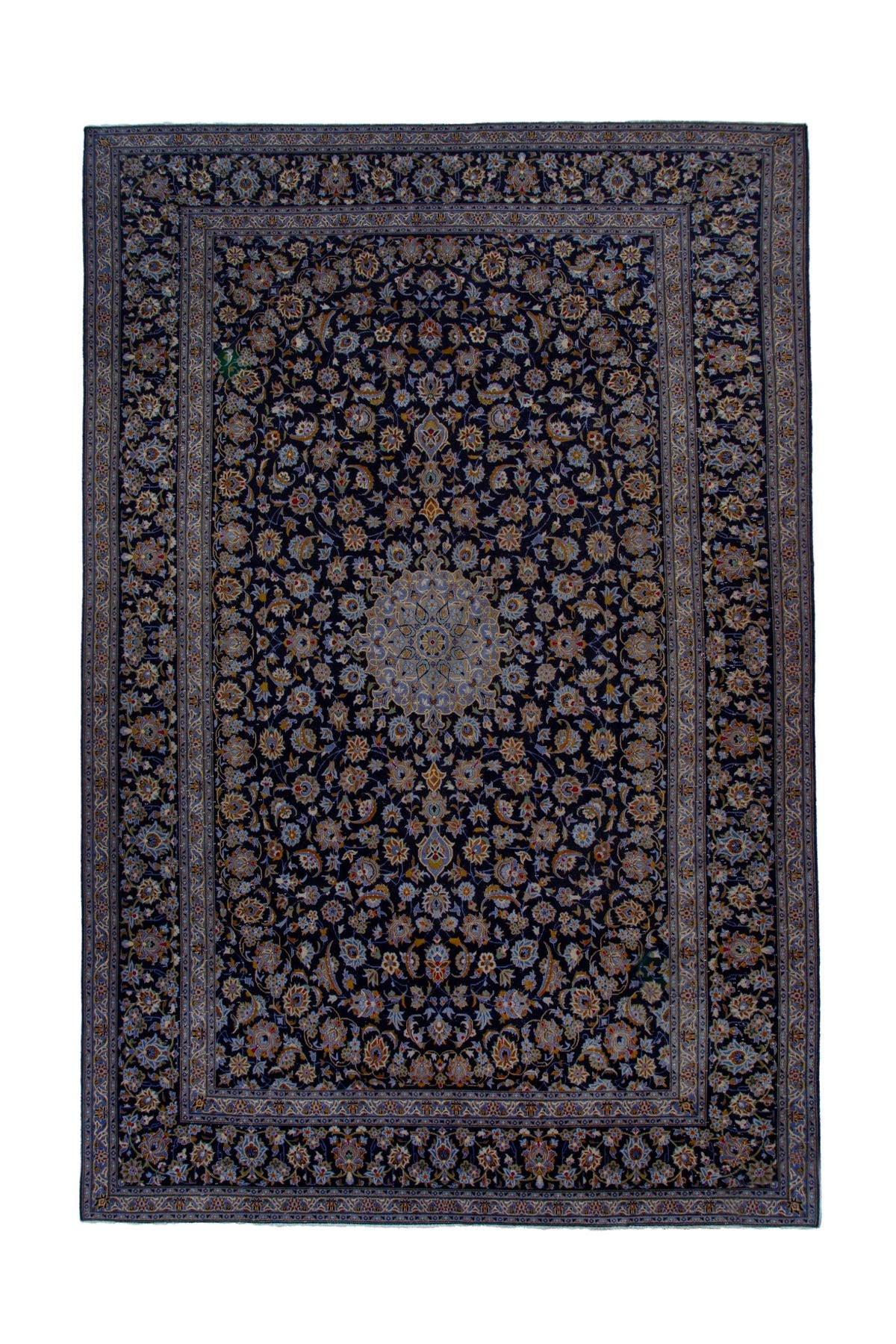 Persian Kashan oversized rug in navy and cream, view 2 of 20
