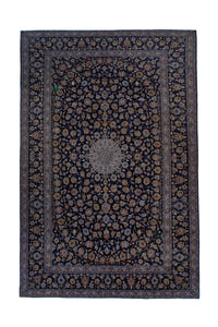 Persian Kashan oversized rug in navy and cream, view 2 of 20
