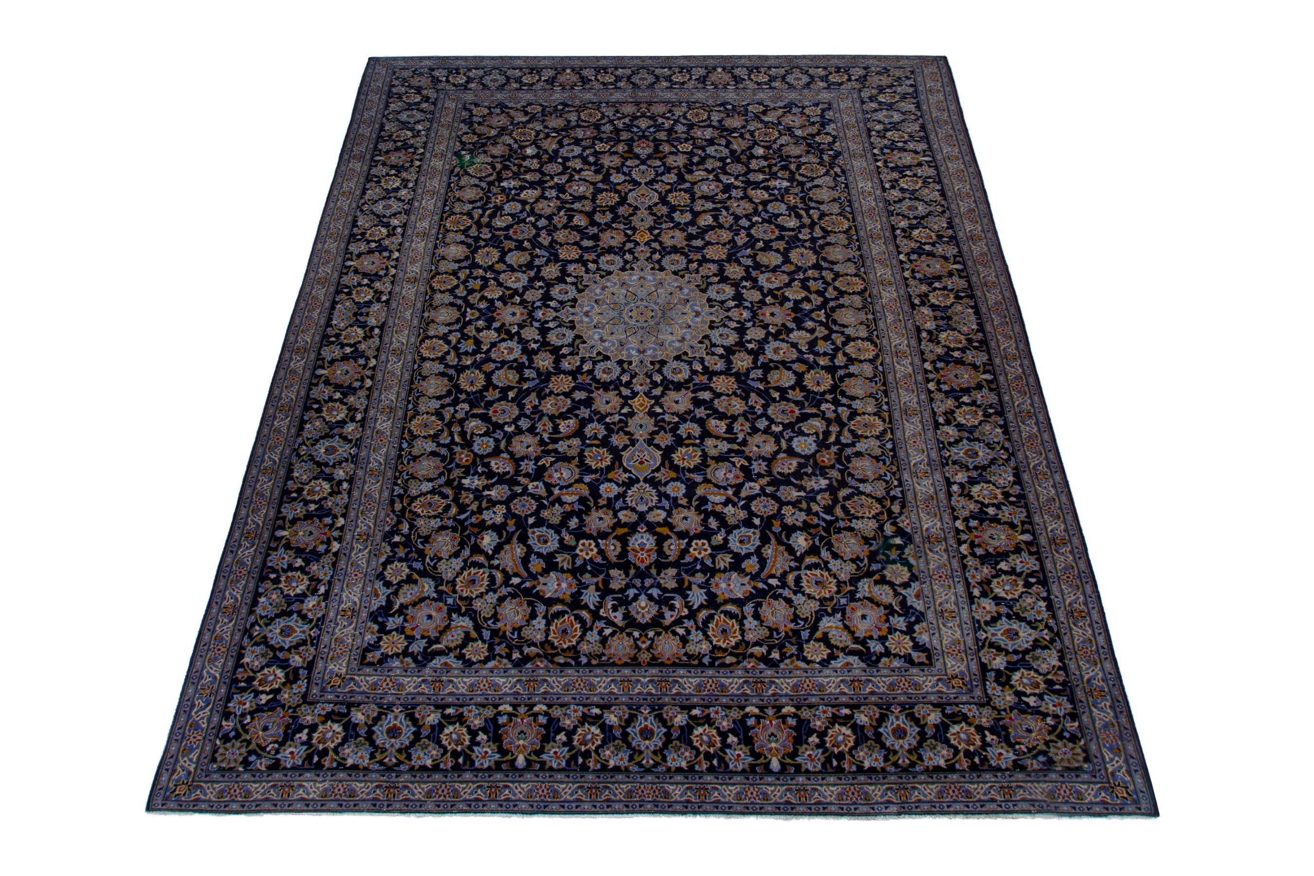 Persian Kashan oversized rug in navy and cream, view 2 of 19