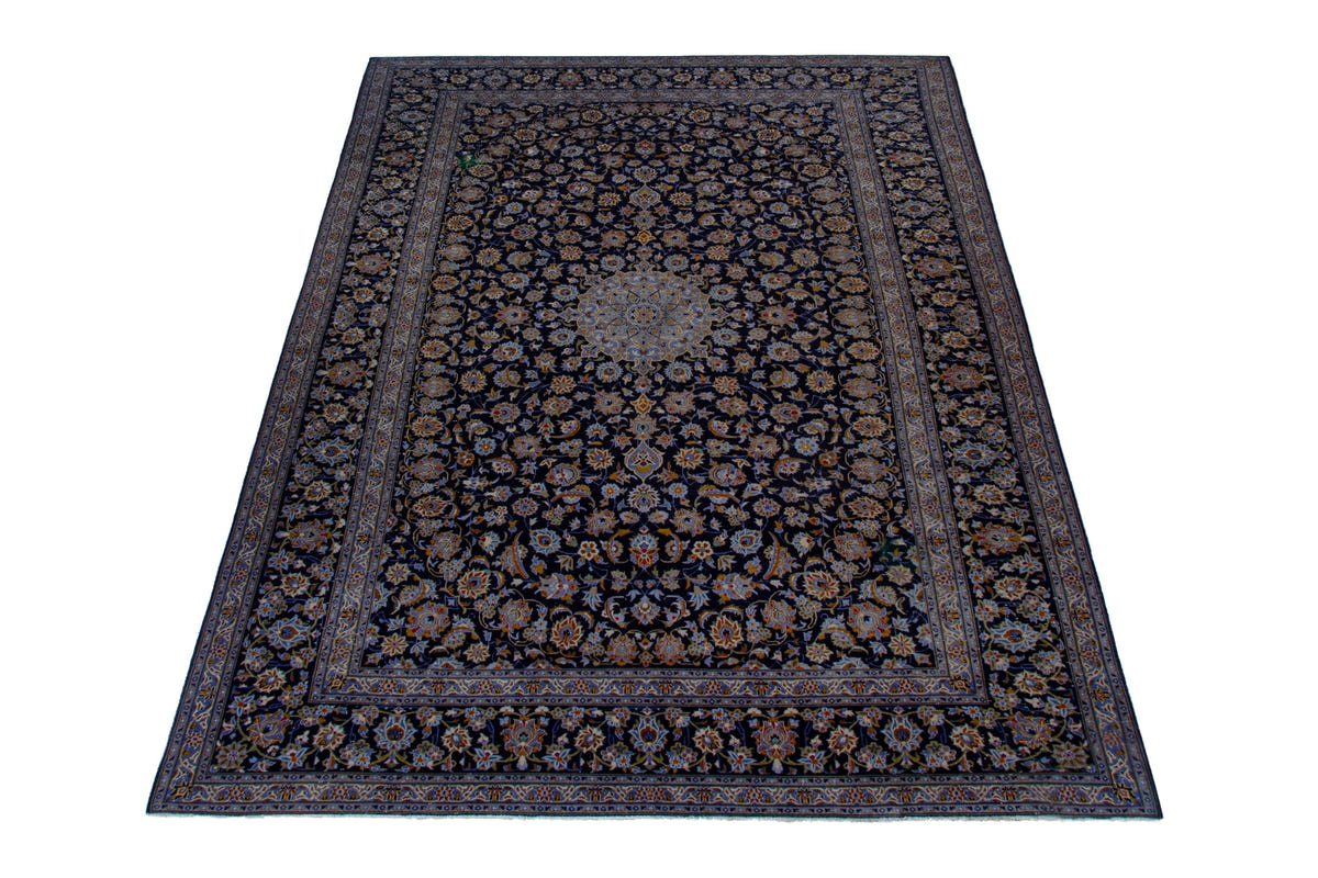 Persian Kashan oversized rug in navy and cream, view 3 of 20