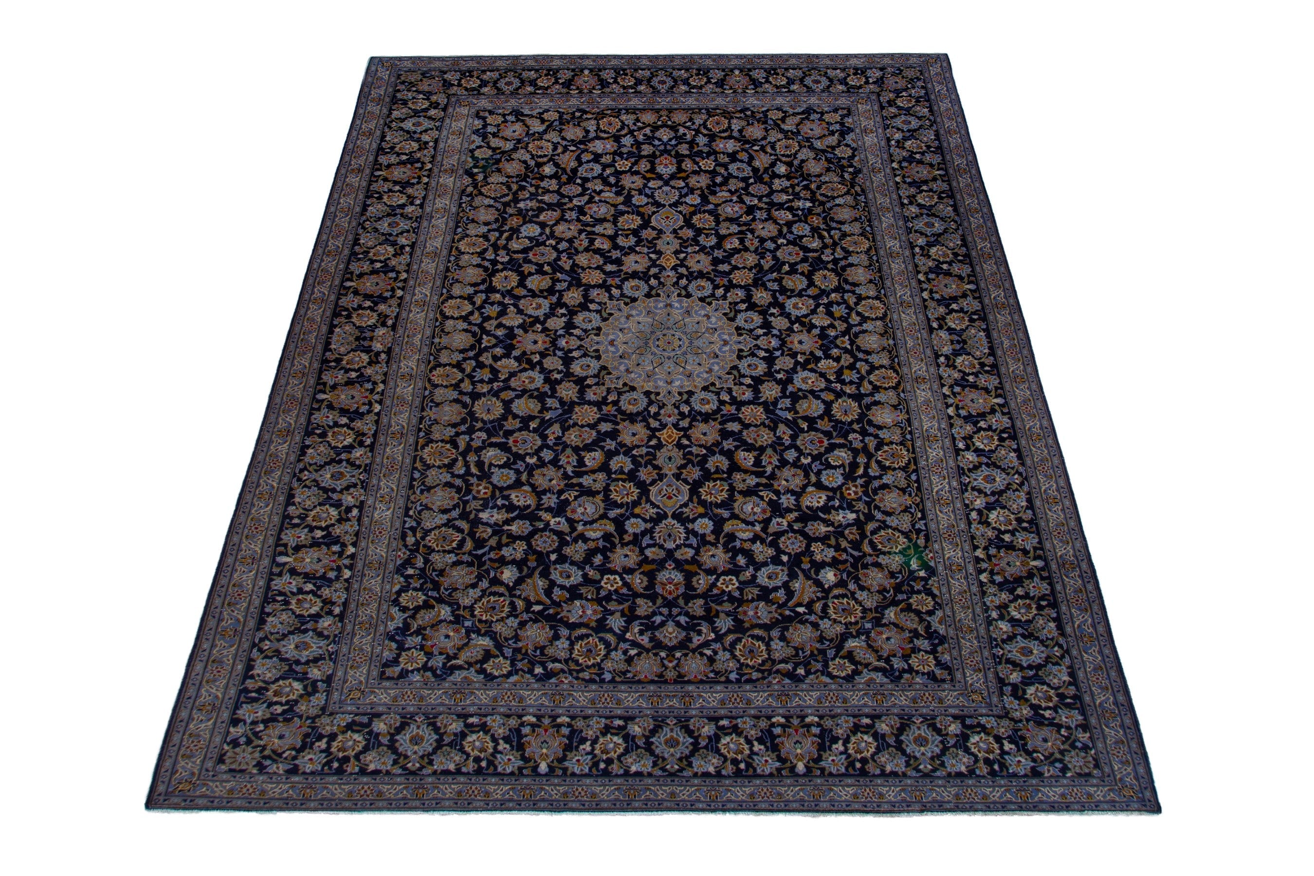 Persian Kashan oversized rug in navy and cream, view 3 of 19