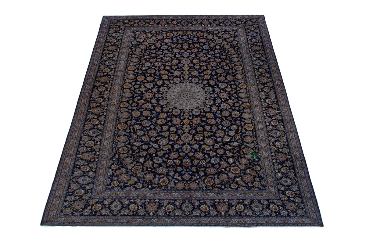 Persian Kashan oversized rug in navy and cream, view 4 of 20