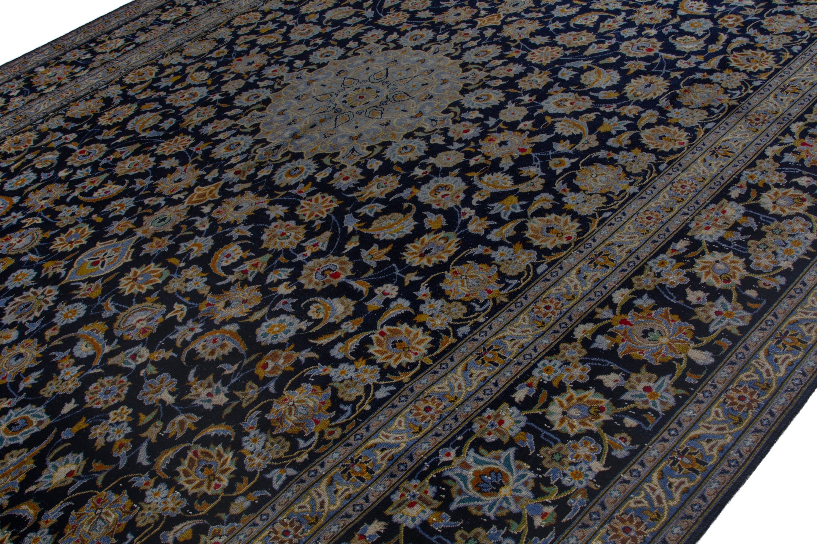 Persian Kashan oversized rug in navy and cream, view 6 of 19