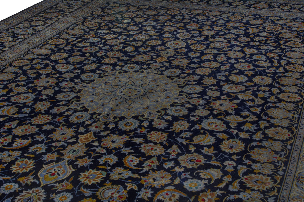 Persian Kashan oversized rug in navy and cream, view 10 of 20