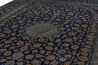 Persian Kashan oversized rug in navy and cream, view 10 of 20
