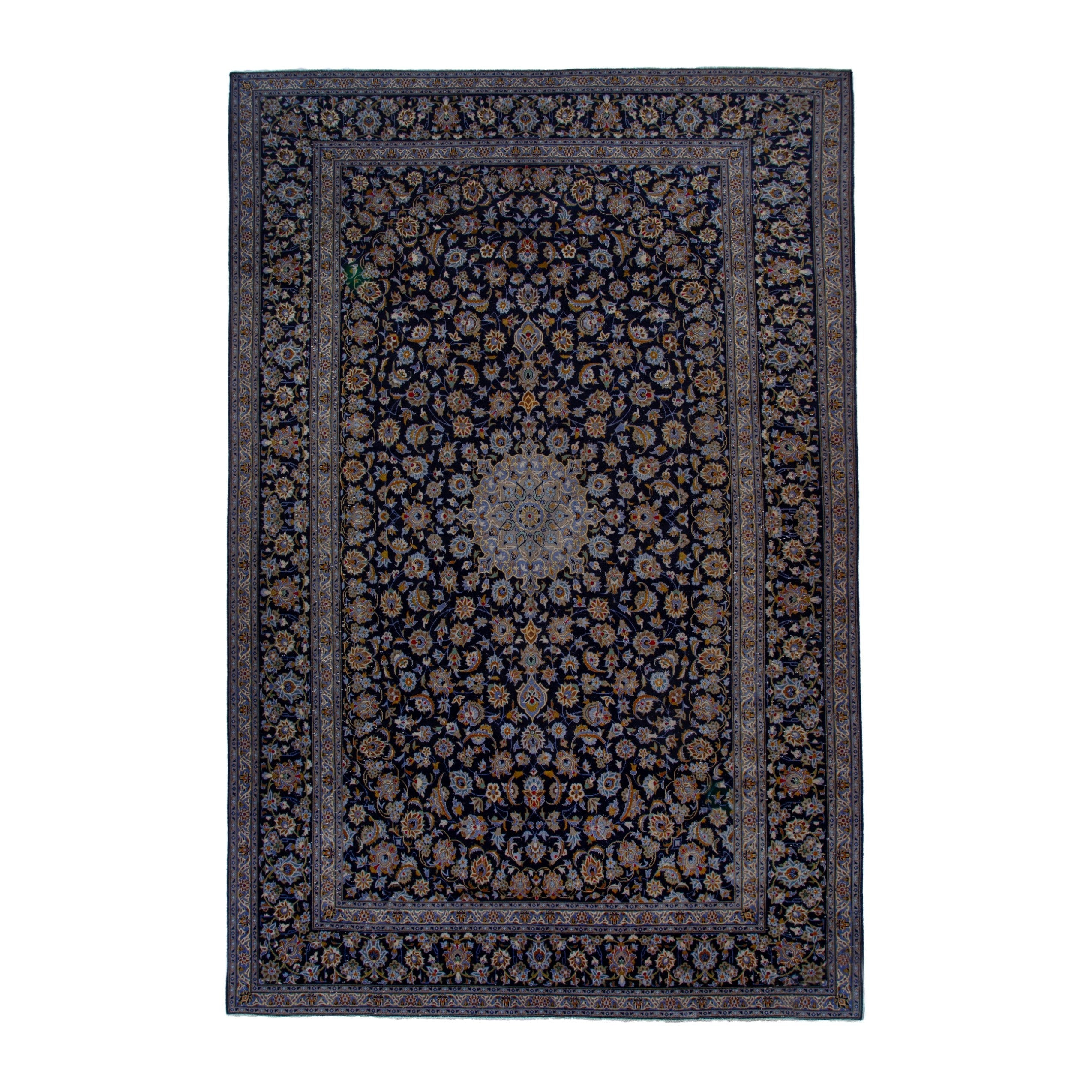 Persian Kashan oversized rug in navy and cream, 10'2" x 16'5"