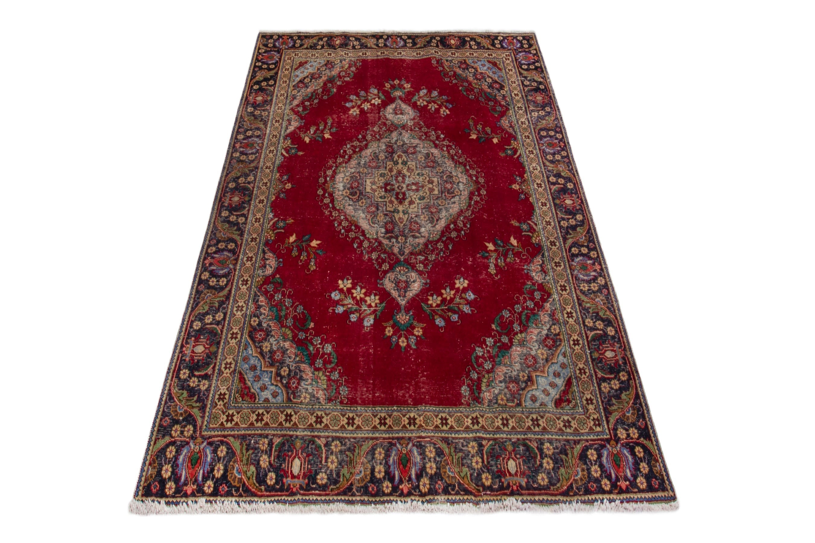 Persian Tabriz oversized rug in deep red and navy, view 2 of 20