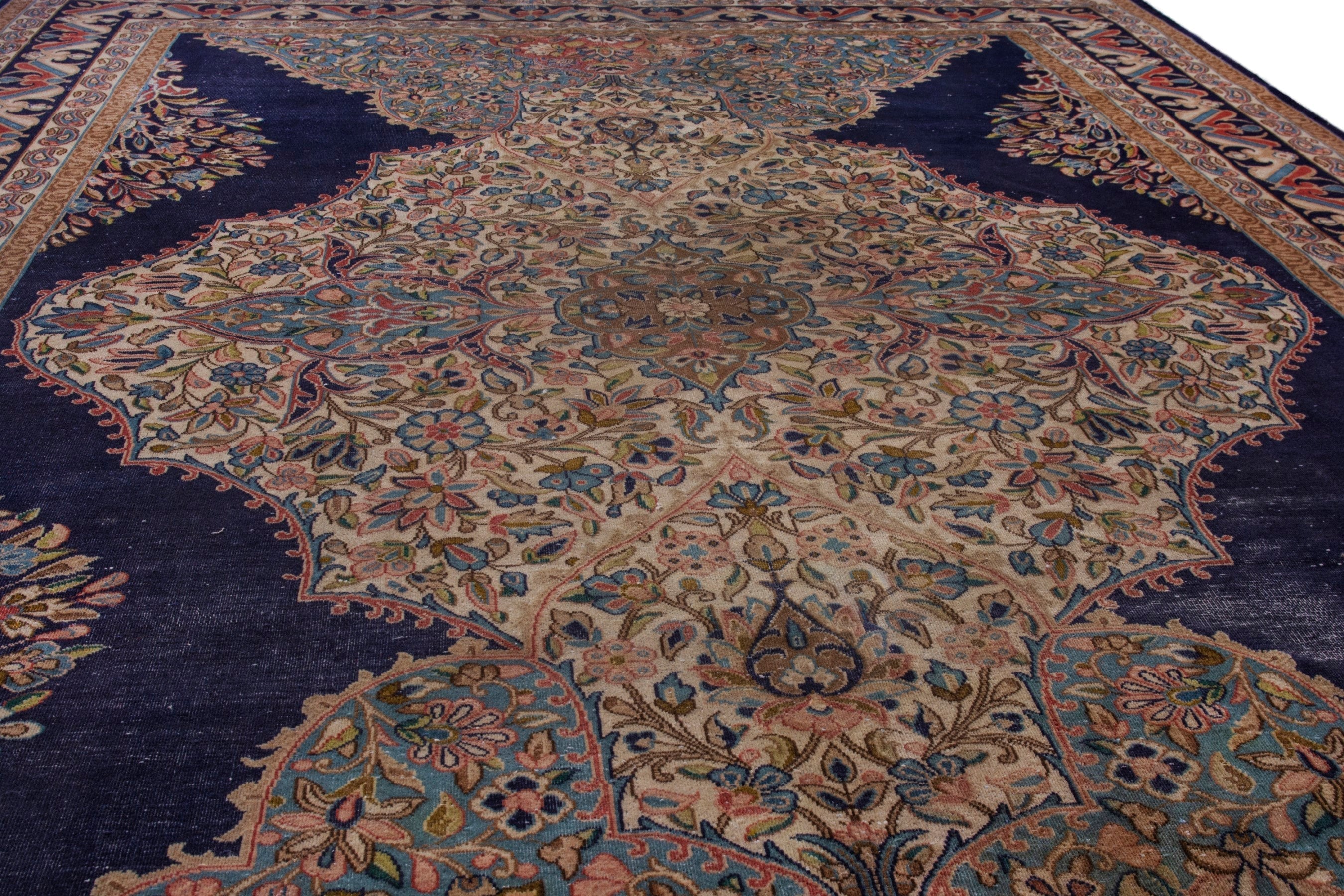 Persian Kerman area rug in navy and cream, view 8 of 23