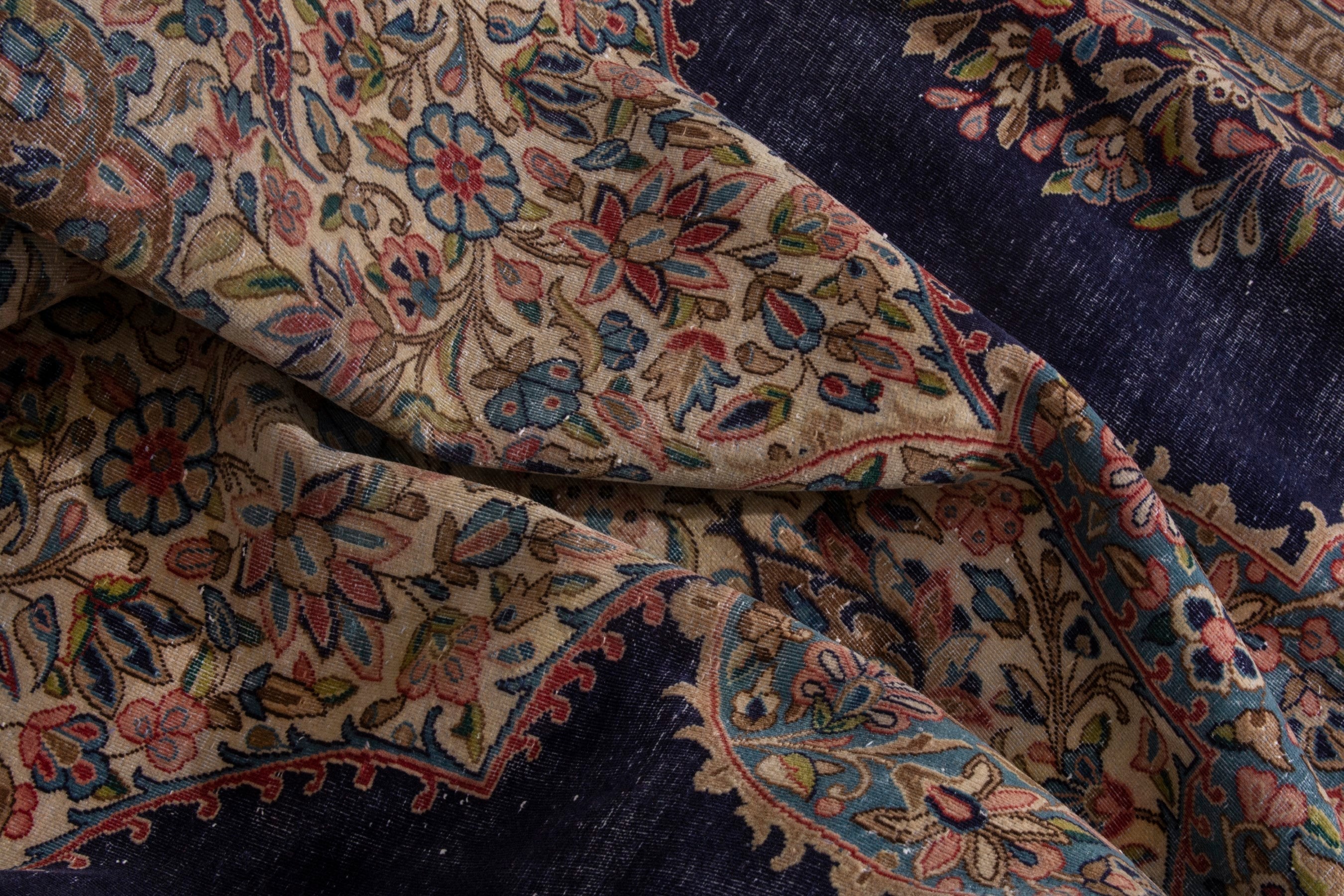Persian Kerman area rug in navy and cream, view 20 of 23