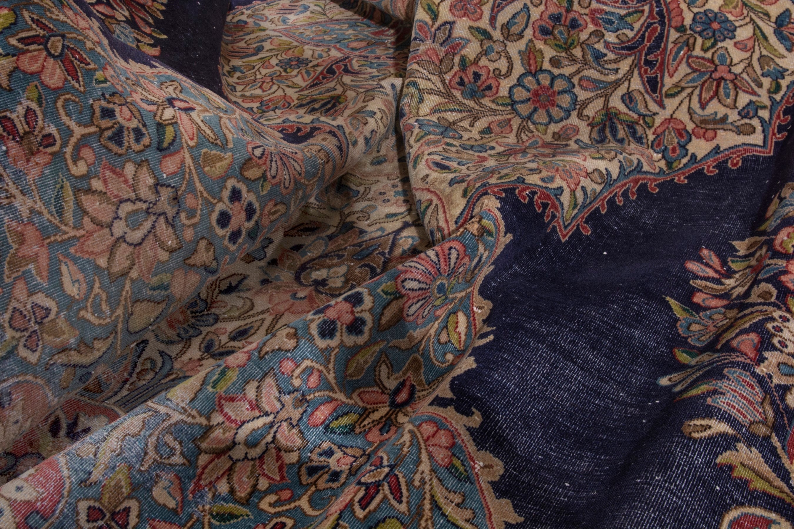 Persian Kerman area rug in navy and cream, view 21 of 23