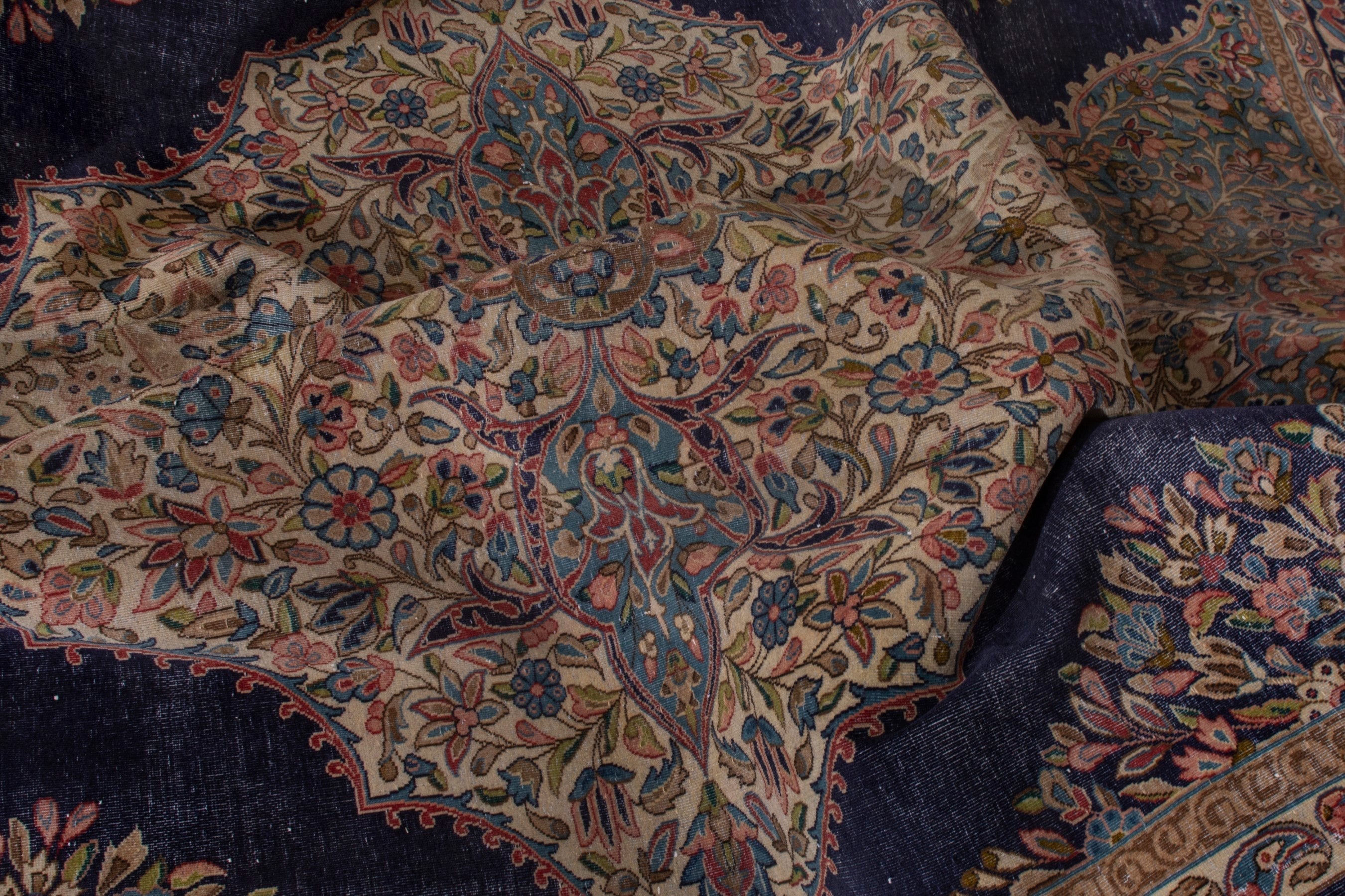 Persian Kerman area rug in navy and cream, view 22 of 23