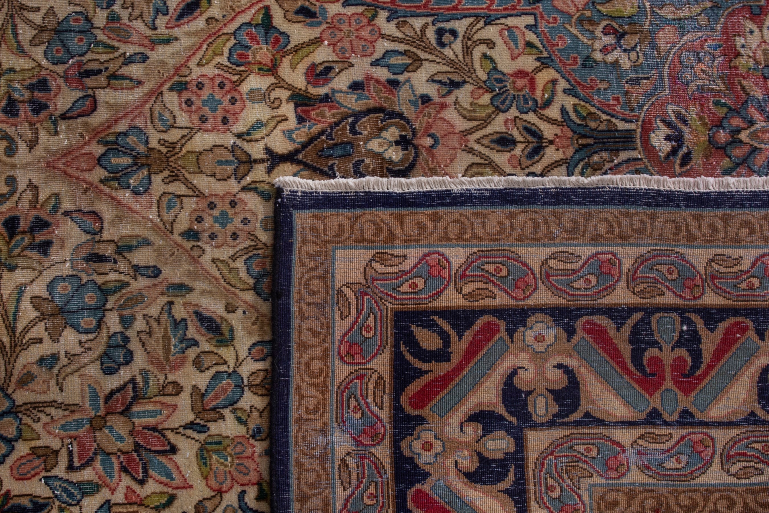 Persian Kerman area rug in navy and cream, view 23 of 23