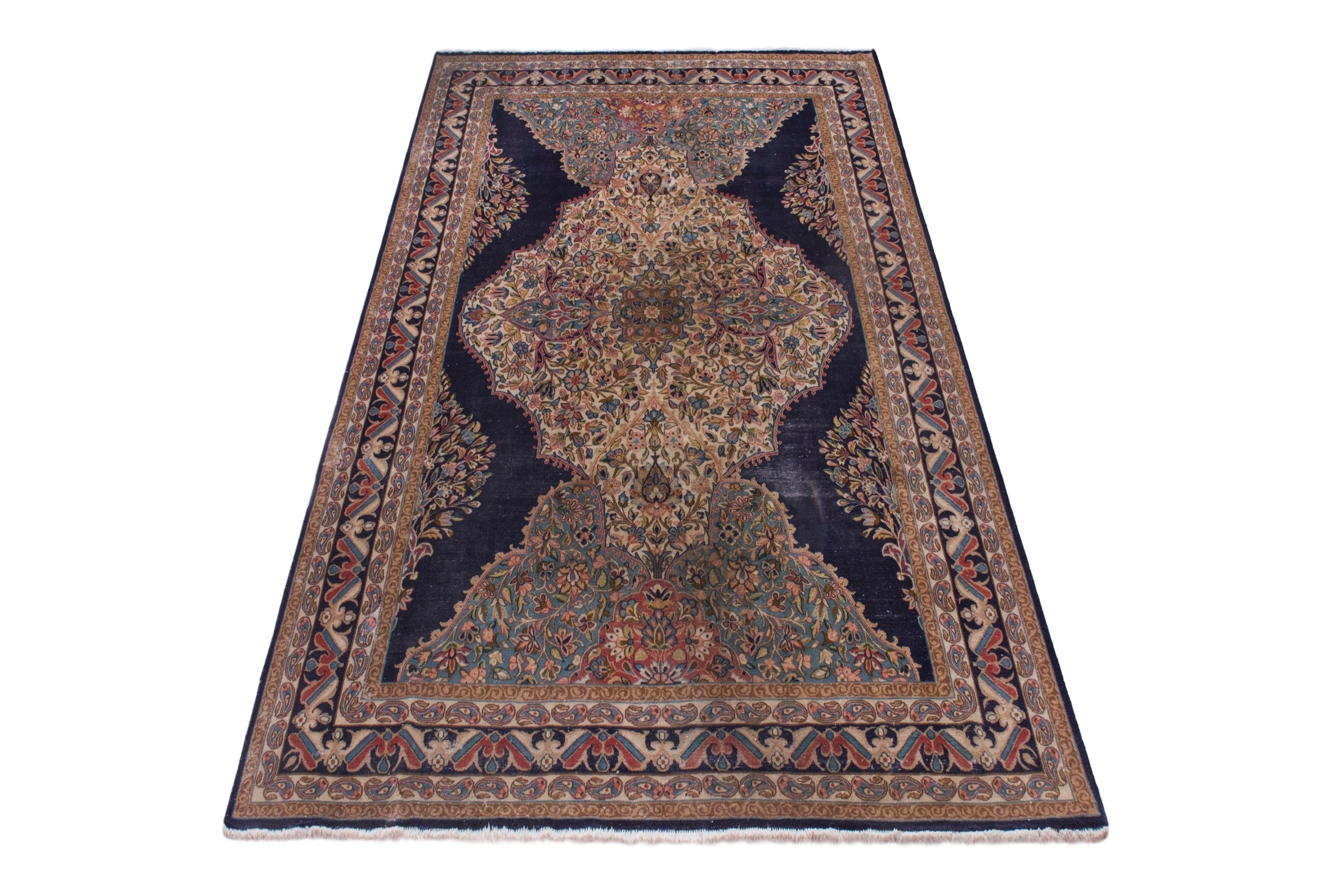 Persian Kerman area rug in navy and cream, view 2 of 23