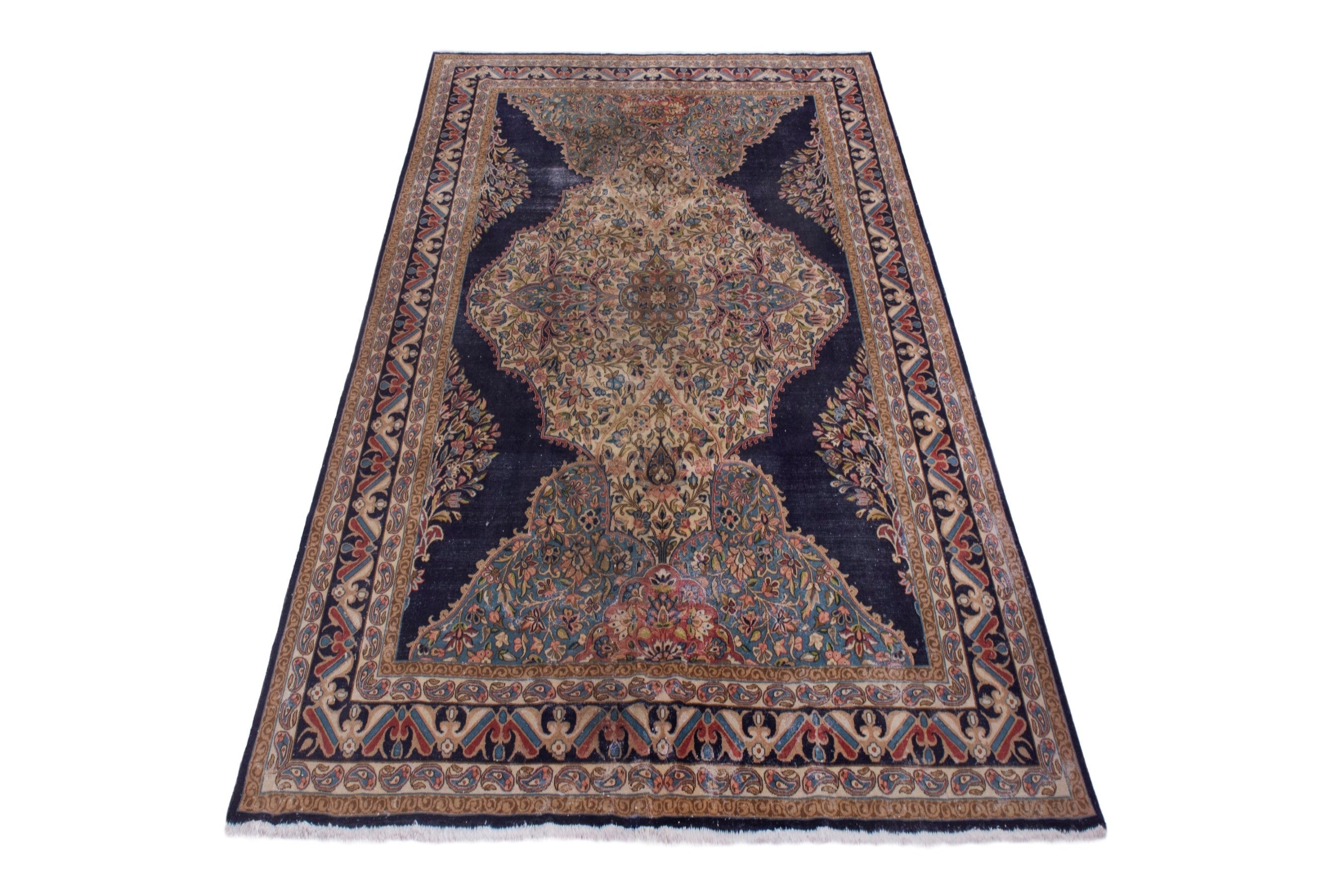 Persian Kerman area rug in navy and cream, view 3 of 23