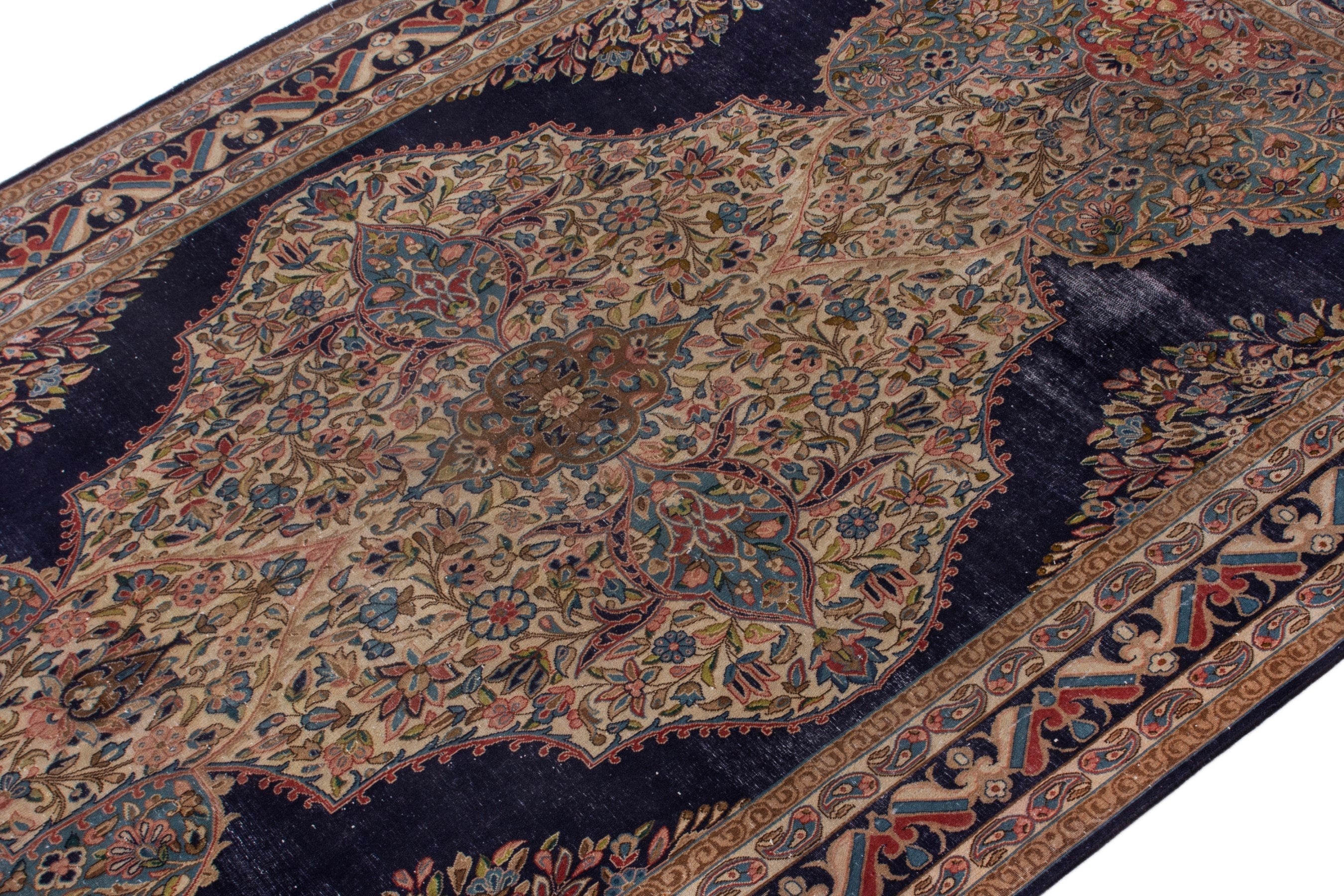 Persian Kerman area rug in navy and cream, view 6 of 23