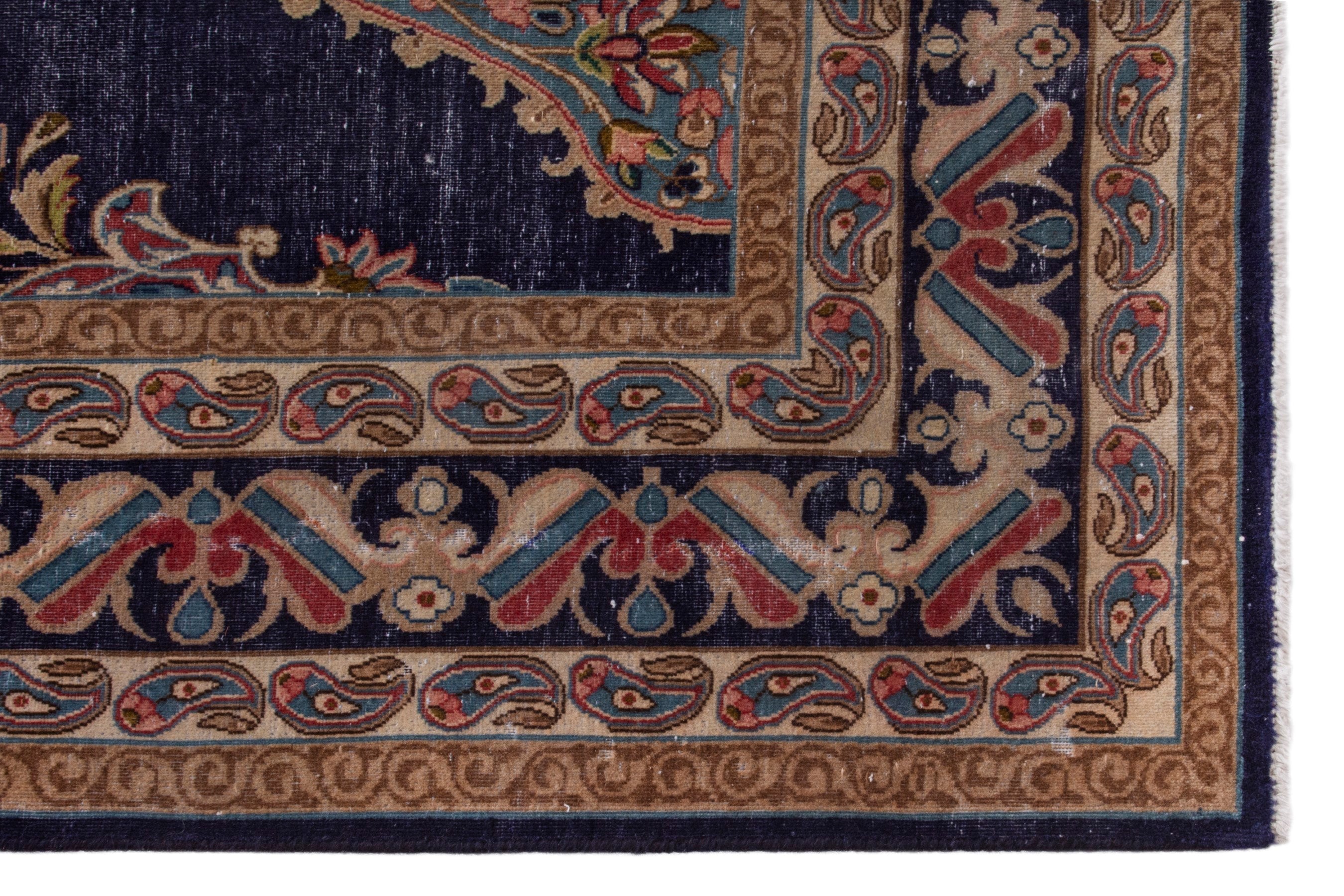 Persian Kerman area rug in navy and cream, view 9 of 23