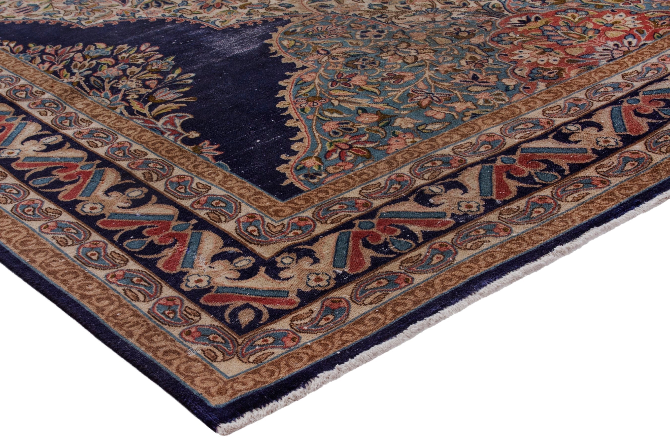 Persian Kerman area rug in navy and cream, view 4 of 23