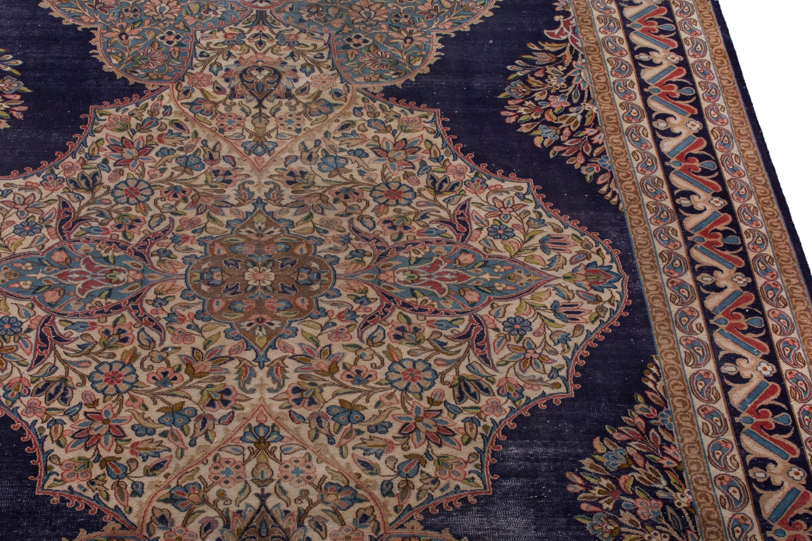 Persian Kerman area rug in navy and cream, view 10 of 23