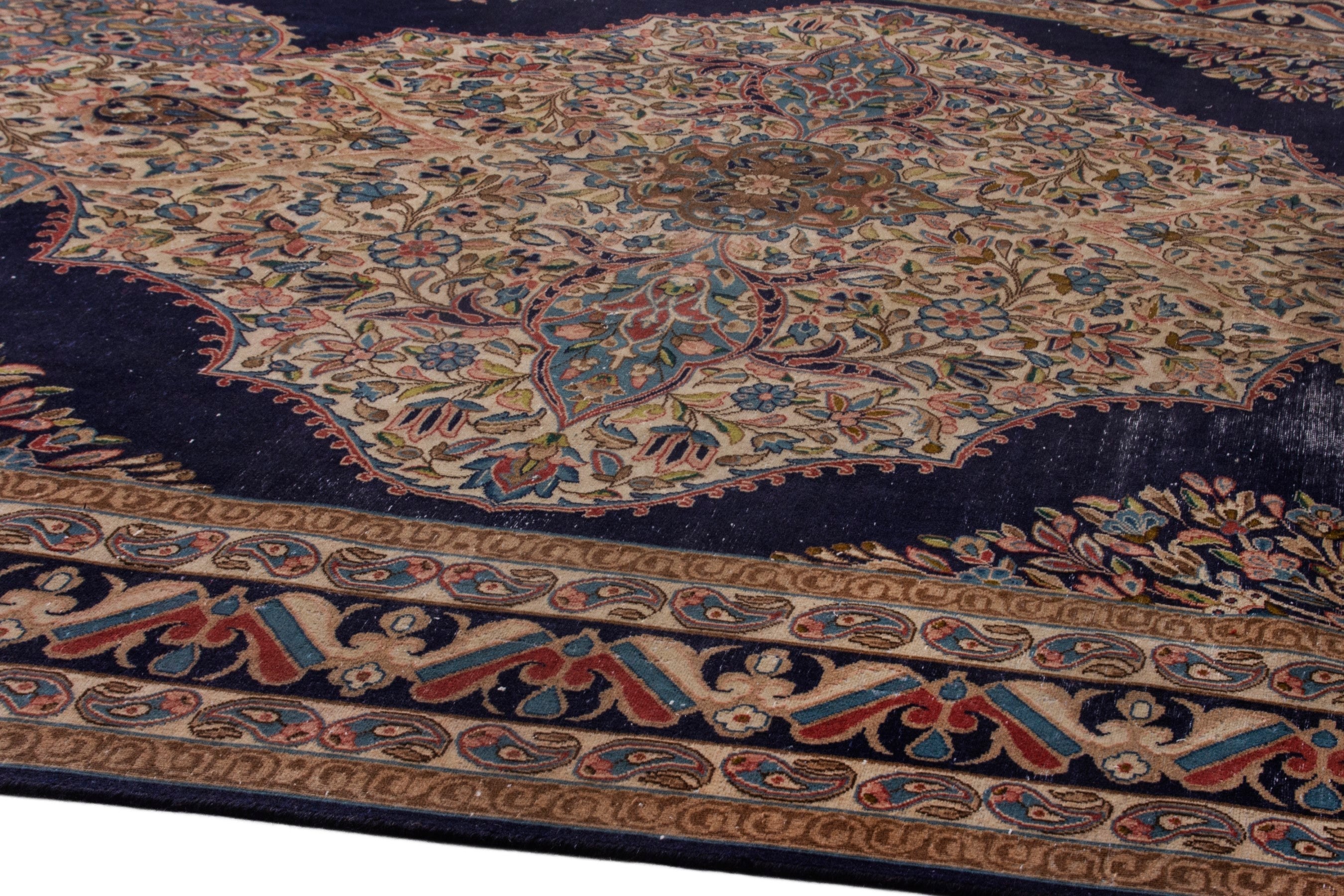 Persian Kerman area rug in navy and cream, view 5 of 23