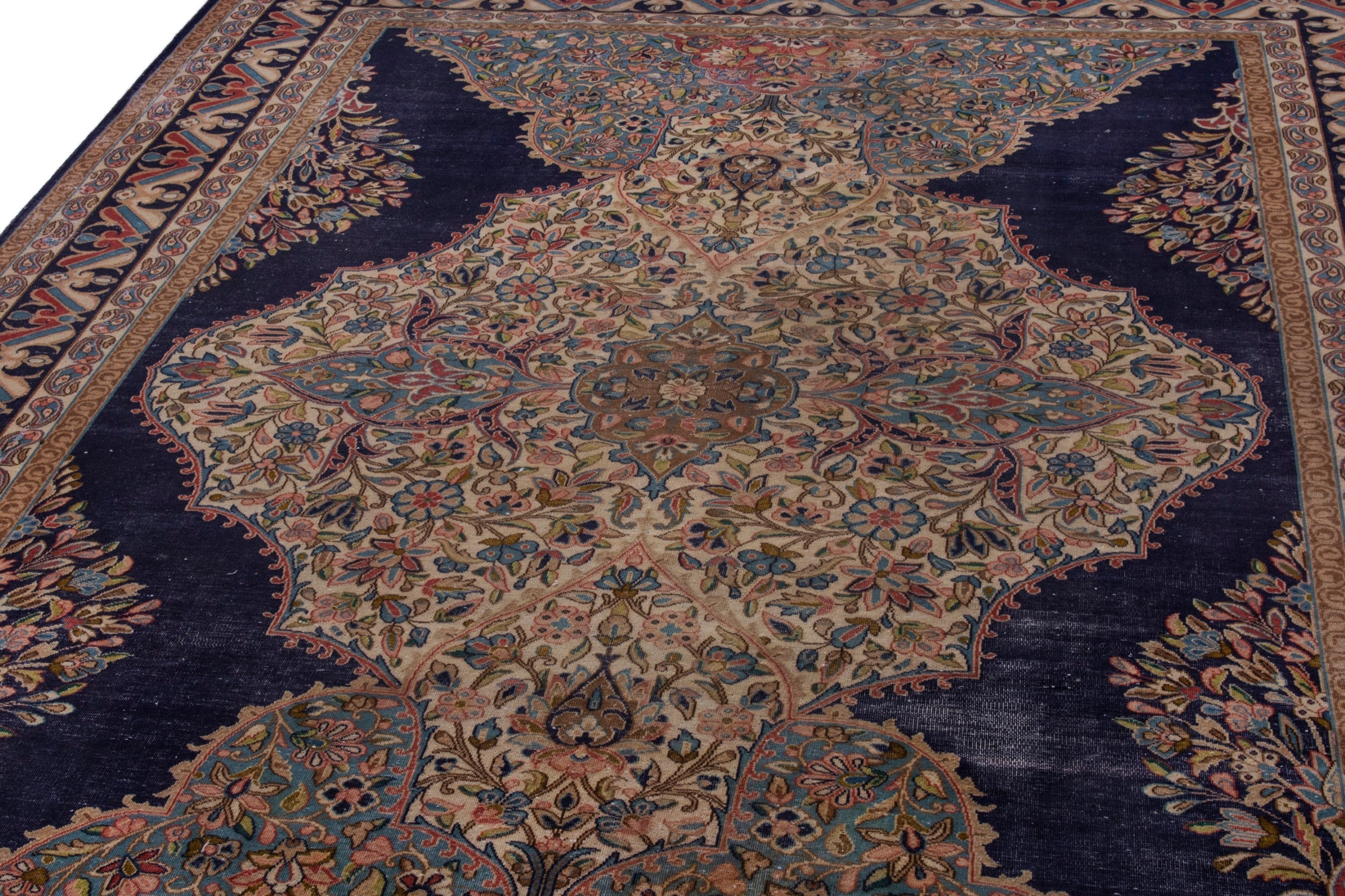 Persian Kerman area rug in navy and cream, view 7 of 23