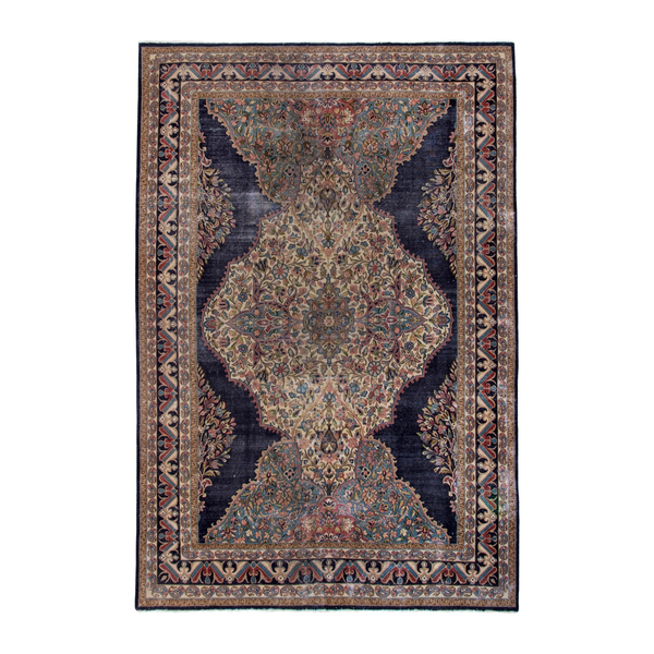 Persian Kerman area rug in navy and cream, 7'1" x 9'10"