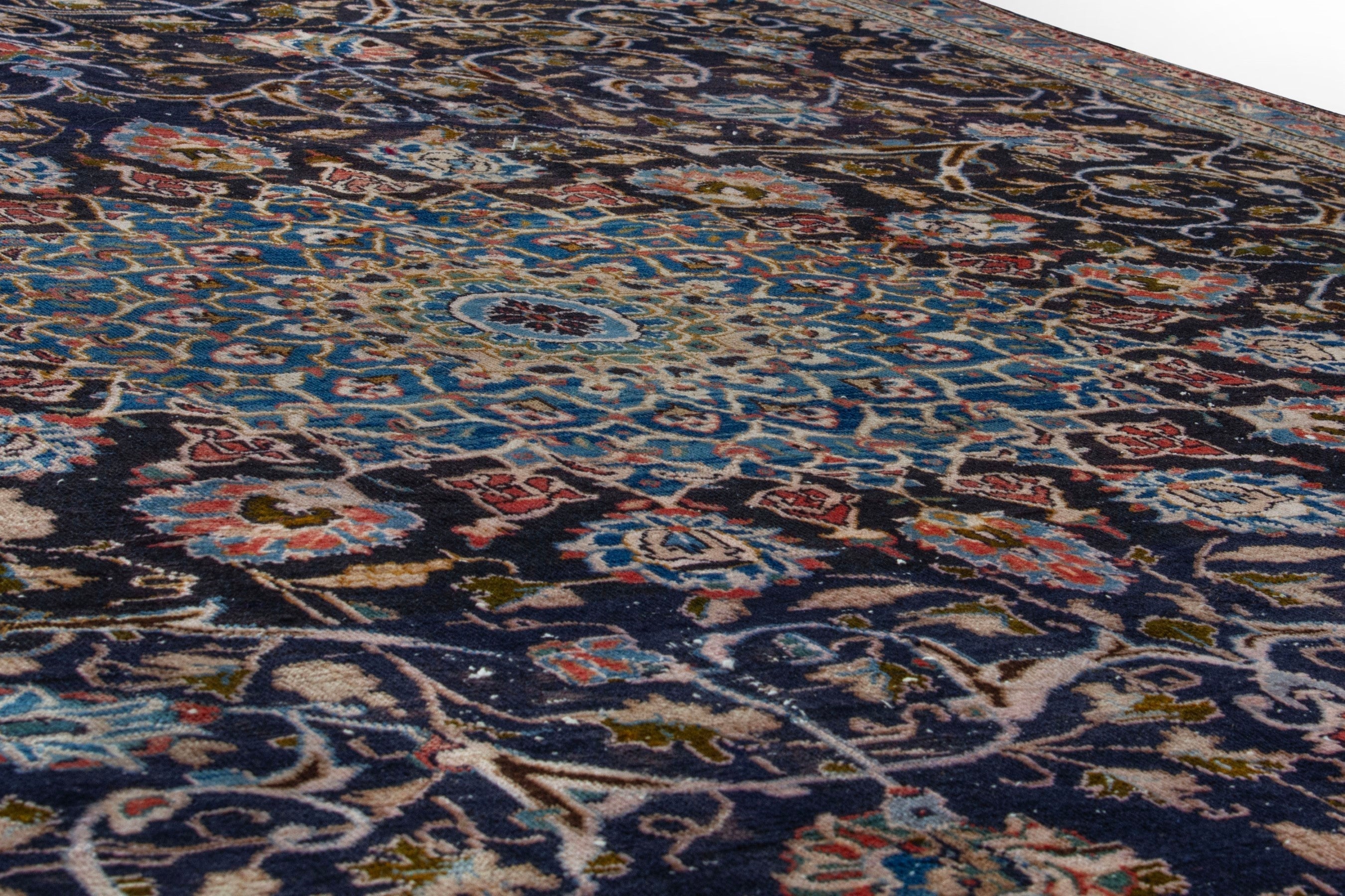 Persian Kashmar area rug in navy and tan, view 8 of 18