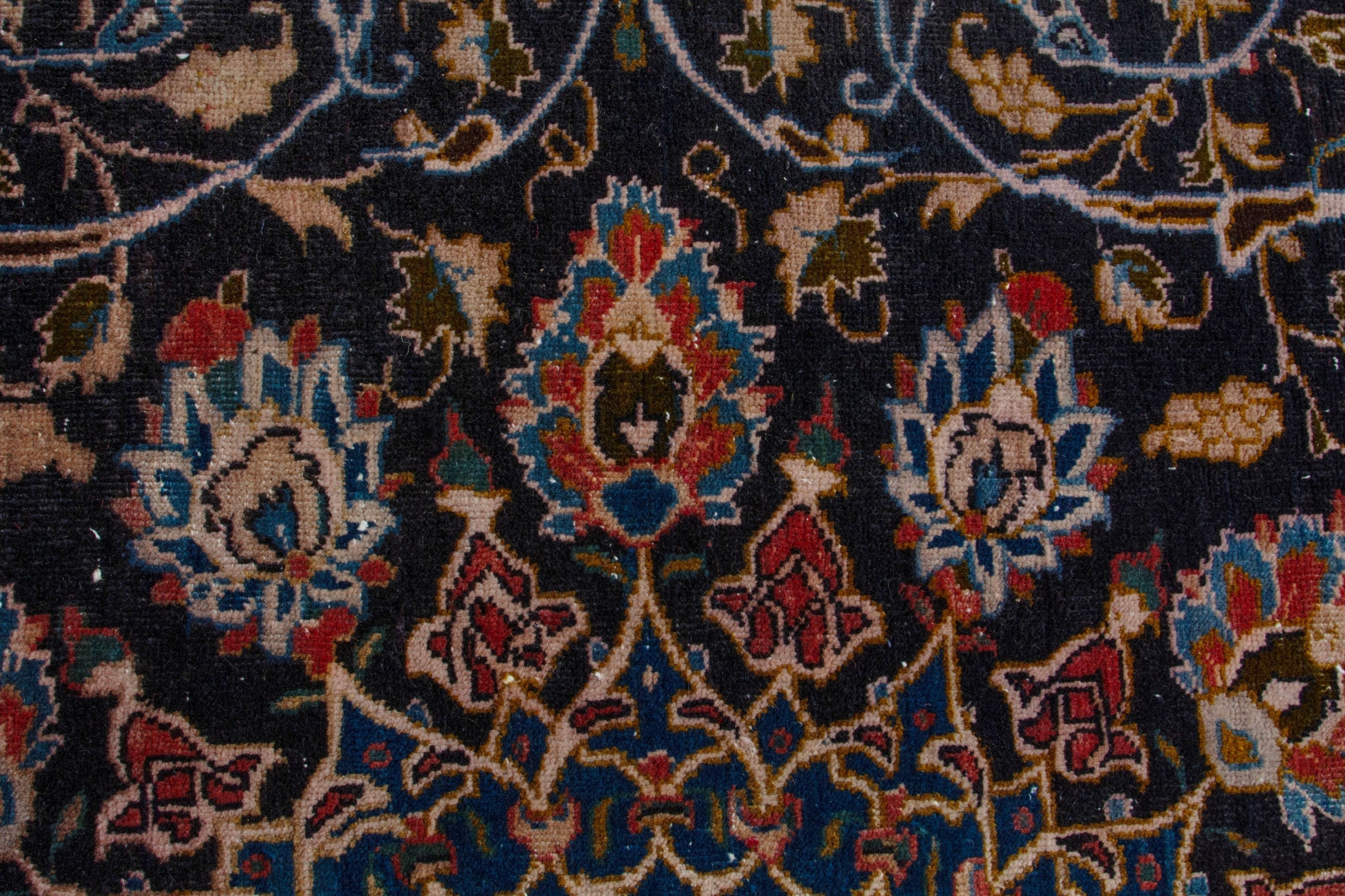 Persian Kashmar area rug in navy and tan, view 13 of 18