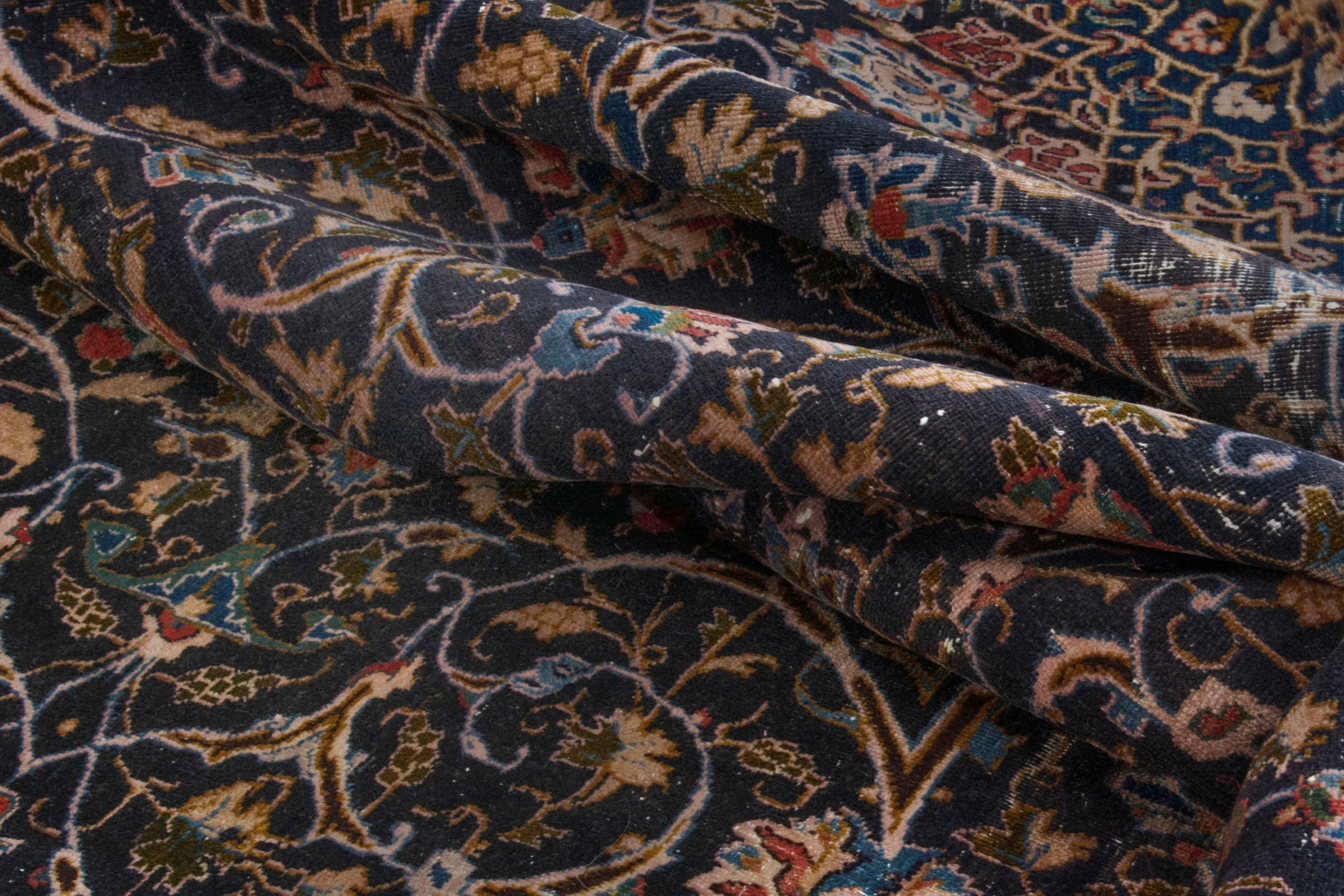 Persian Kashmar area rug in navy and tan, view 14 of 18