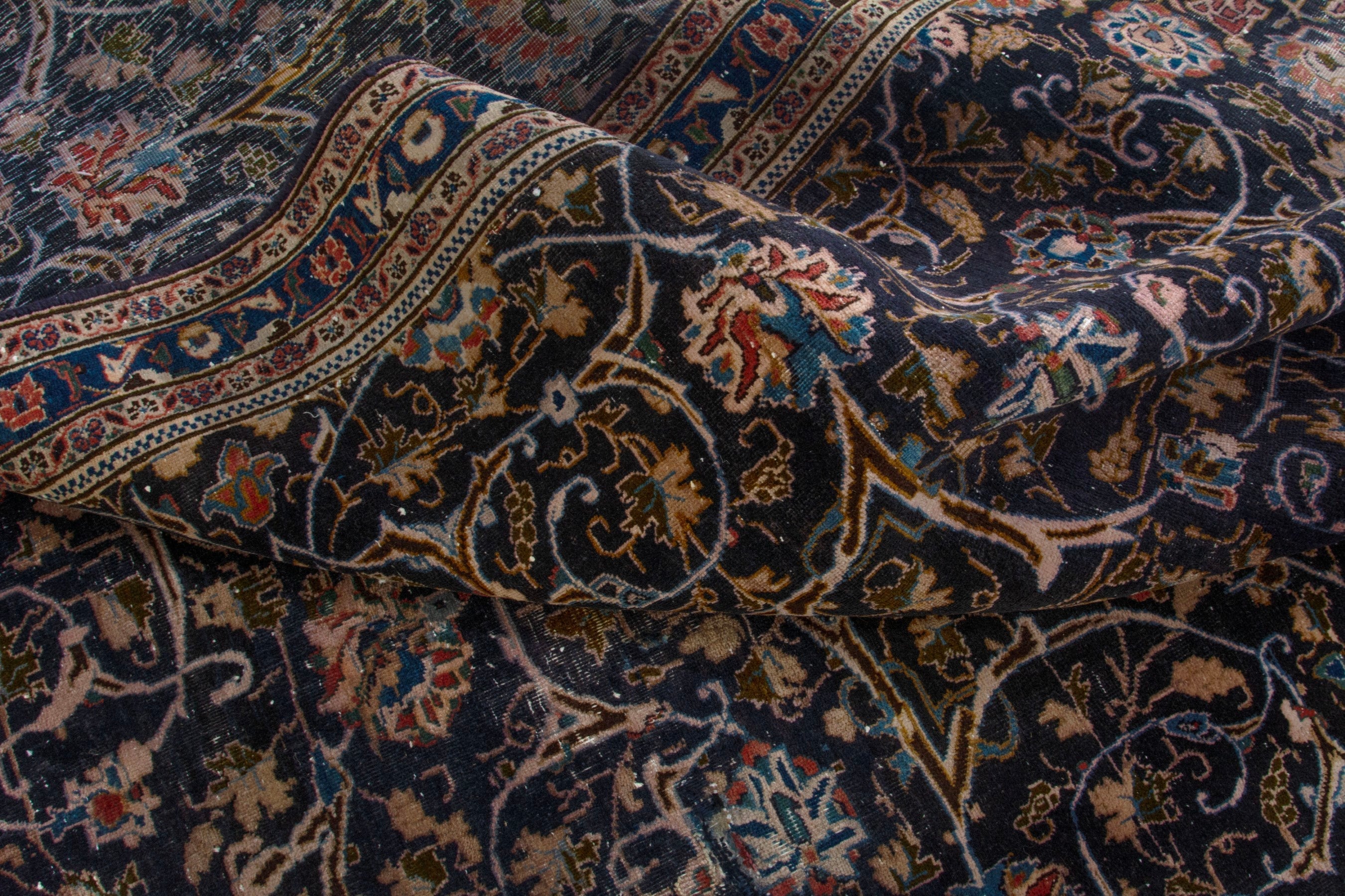 Persian Kashmar area rug in navy and tan, view 15 of 18