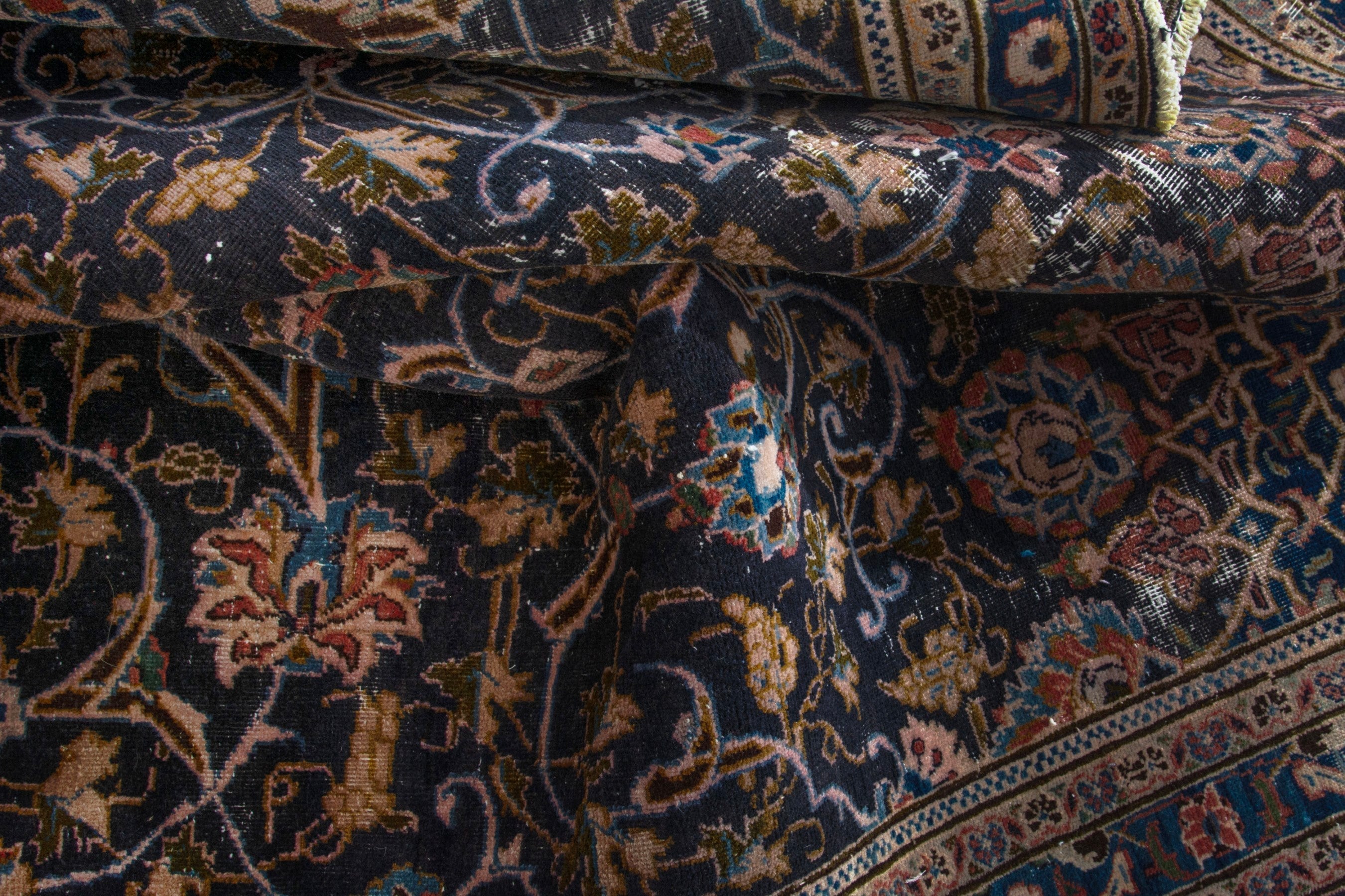 Persian Kashmar area rug in navy and tan, view 16 of 18