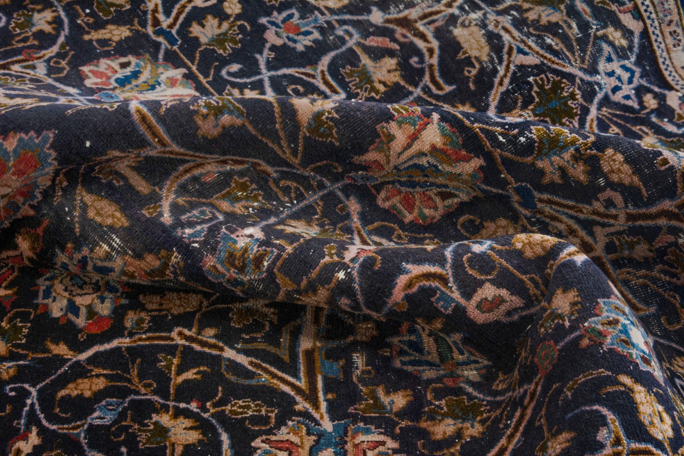 Persian Kashmar area rug in navy and tan, view 17 of 18