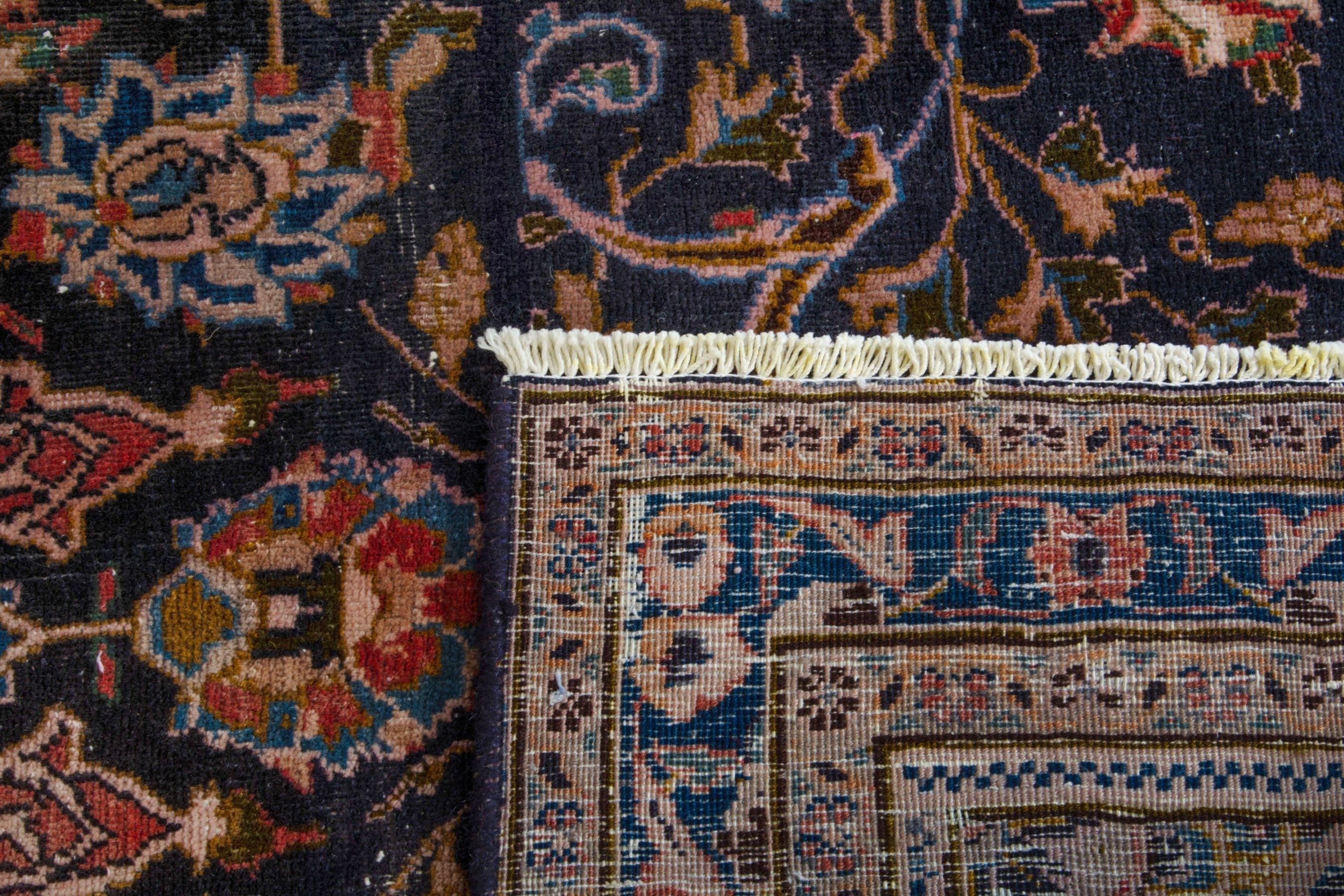 Persian Kashmar area rug in navy and tan, view 18 of 18