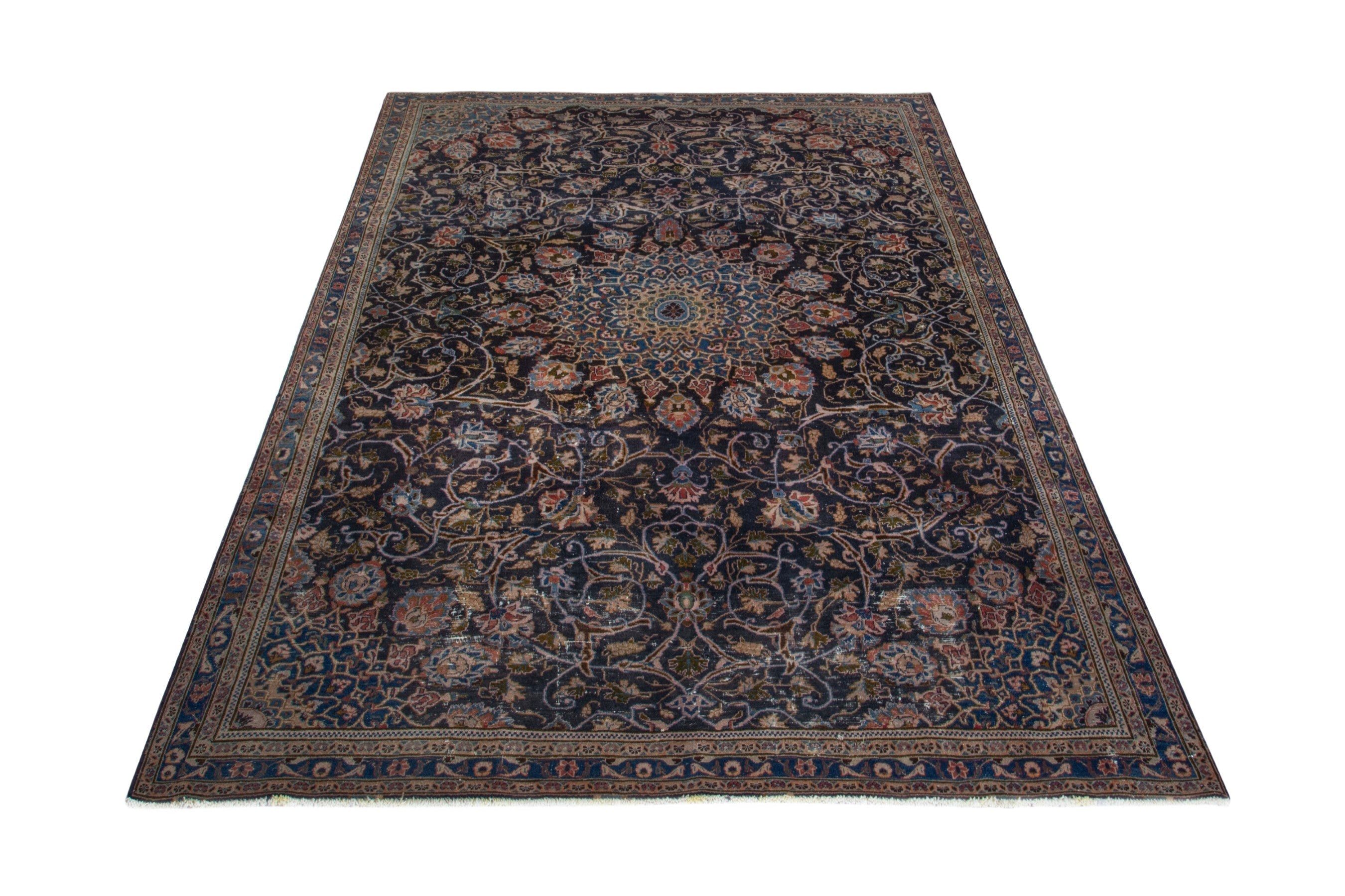 Persian Kashmar area rug in navy and tan, view 2 of 18