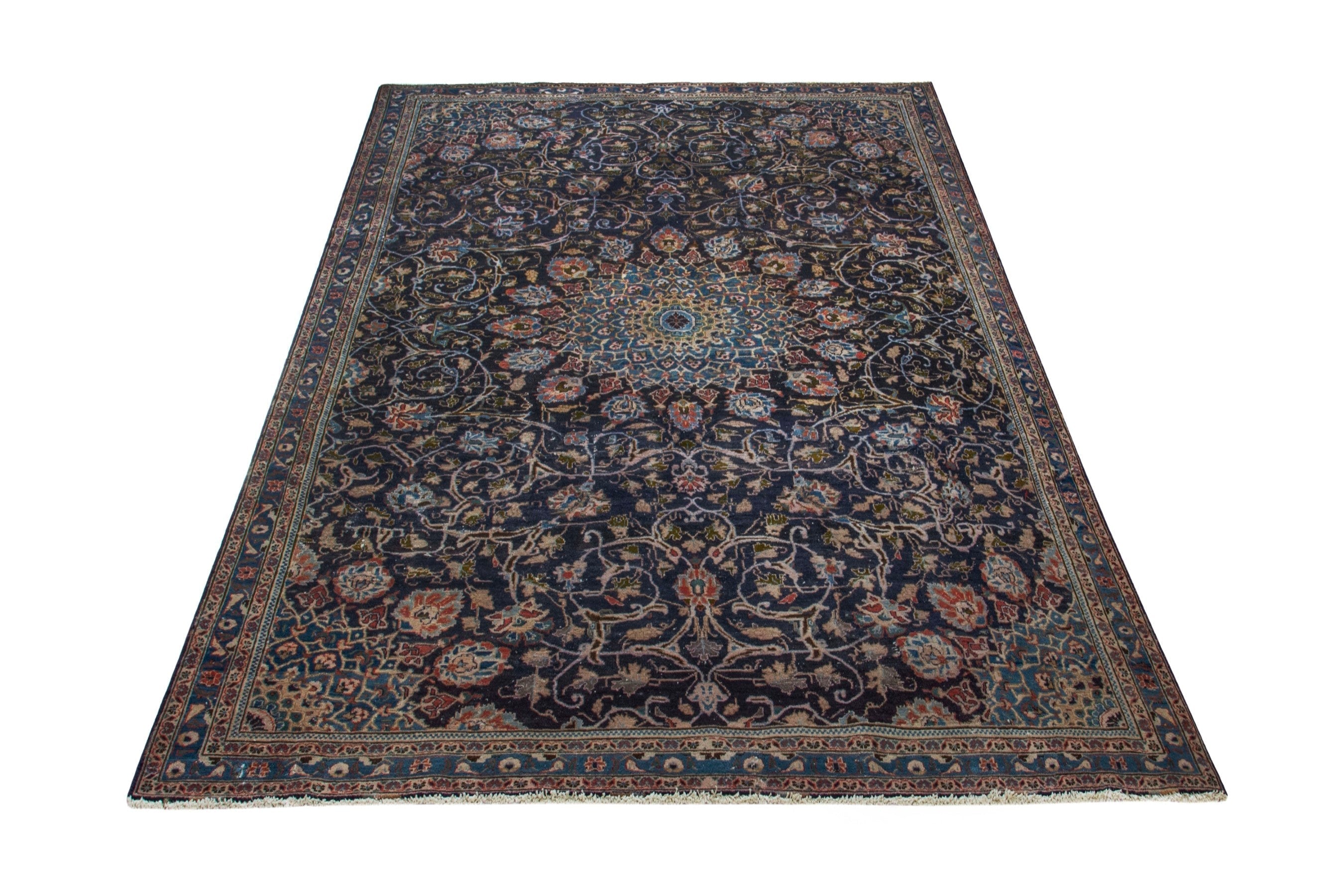 Persian Kashmar area rug in navy and tan, view 3 of 18