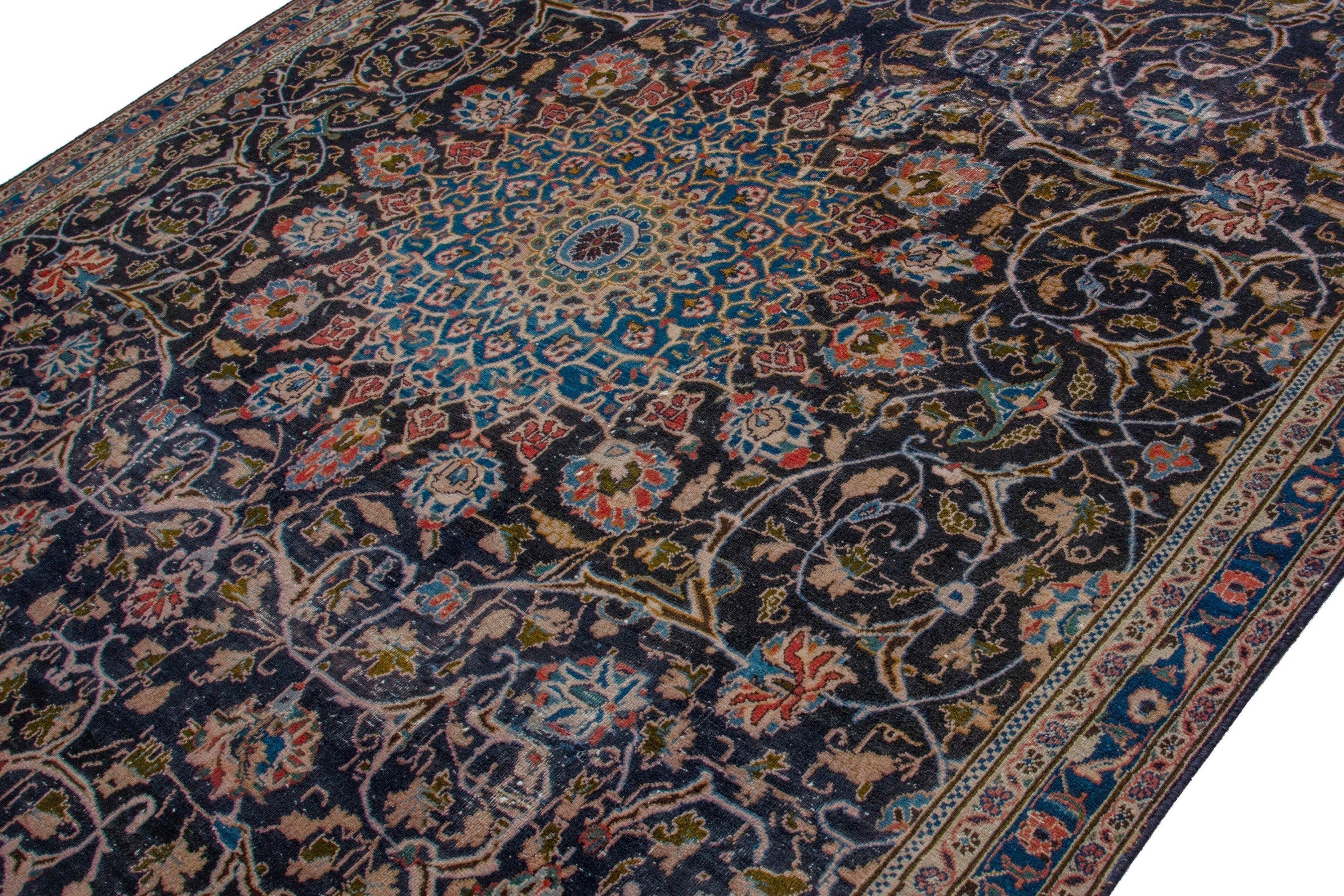 Persian Kashmar area rug in navy and tan, view 4 of 18