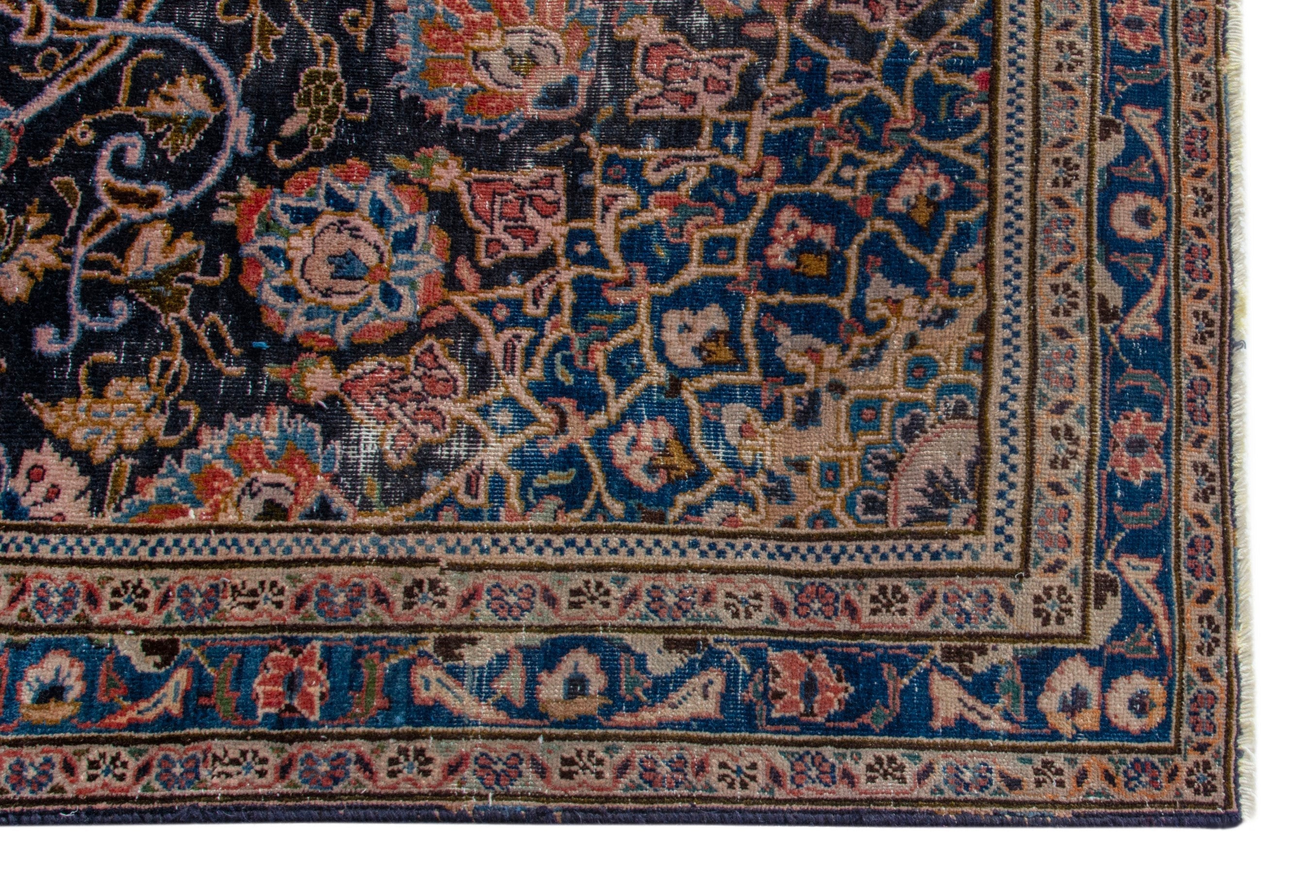 Persian Kashmar area rug in navy and tan, view 9 of 18