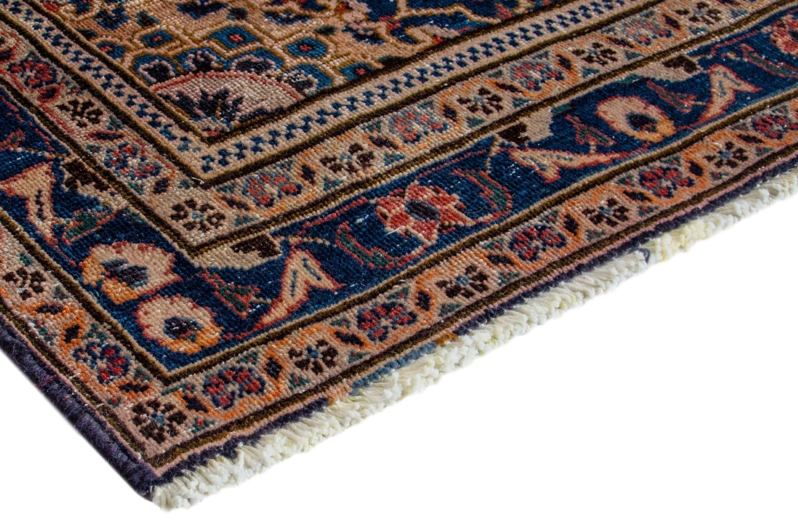 Persian Kashmar area rug in navy and tan, view 5 of 18