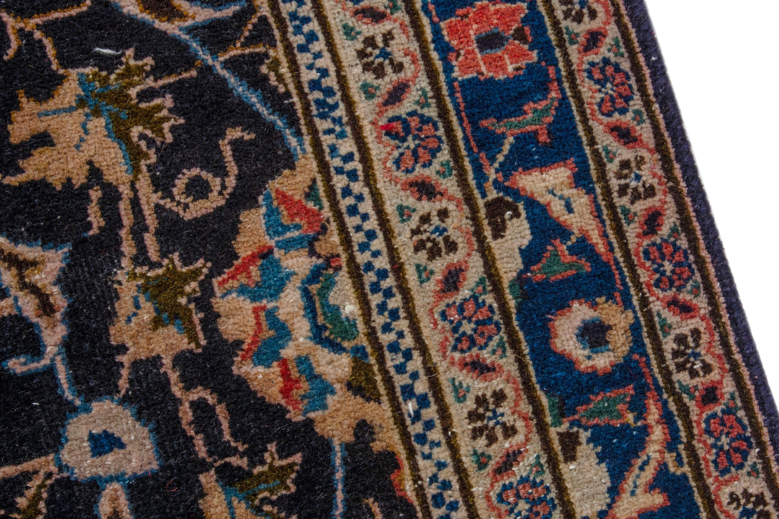 Persian Kashmar area rug in navy and tan, view 6 of 18