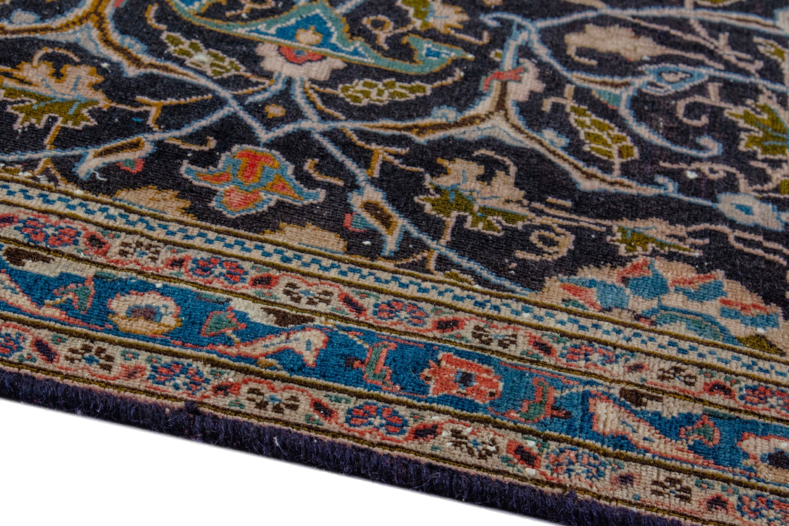 Persian Kashmar area rug in navy and tan, view 7 of 18