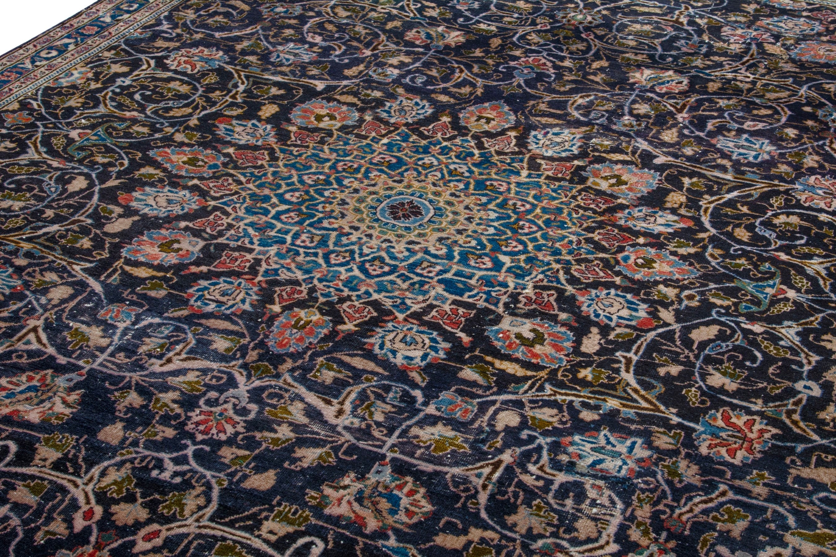 Persian Kashmar area rug in navy and tan, view 10 of 18