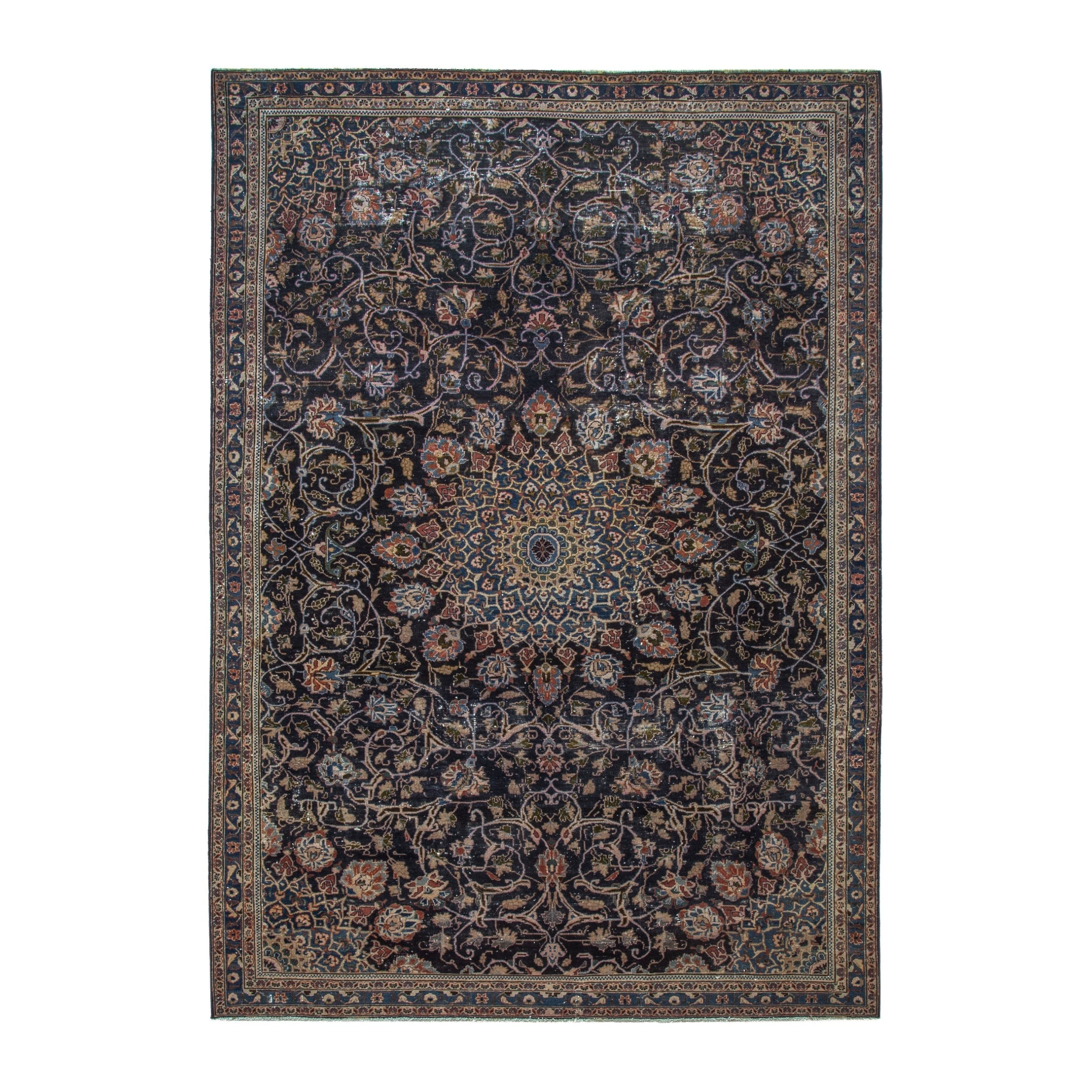 Persian Kashmar area rug in navy and tan, 7'1" x 10'4"