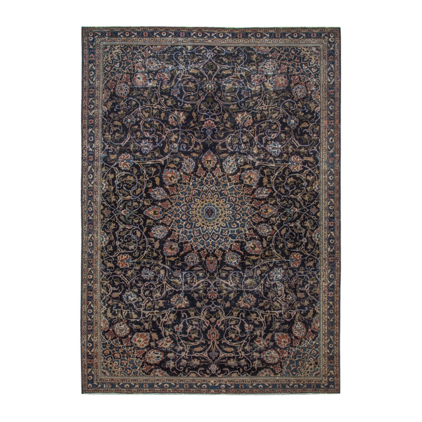 Persian Kashmar area rug in navy and tan, 7'1" x 10'4"