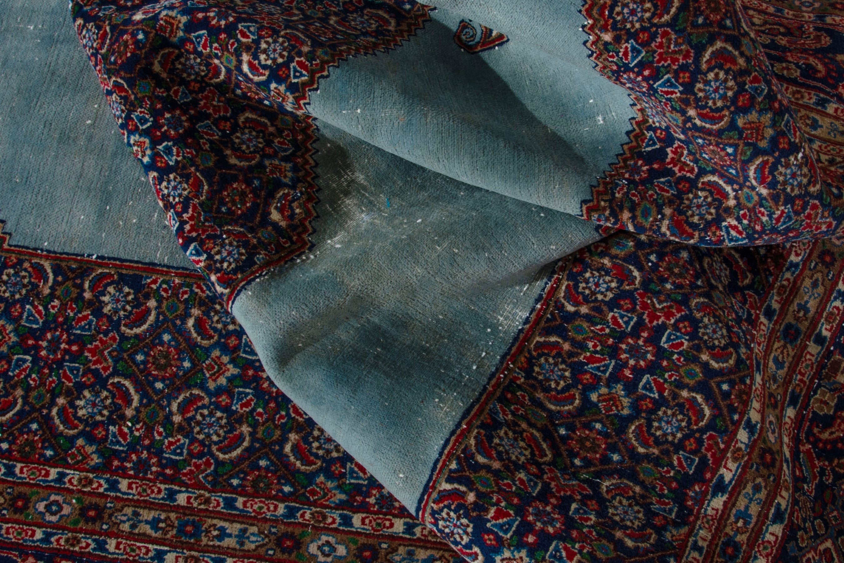 Persian Birjand oversized rug in burgundy and slate blue, view 17 of 19