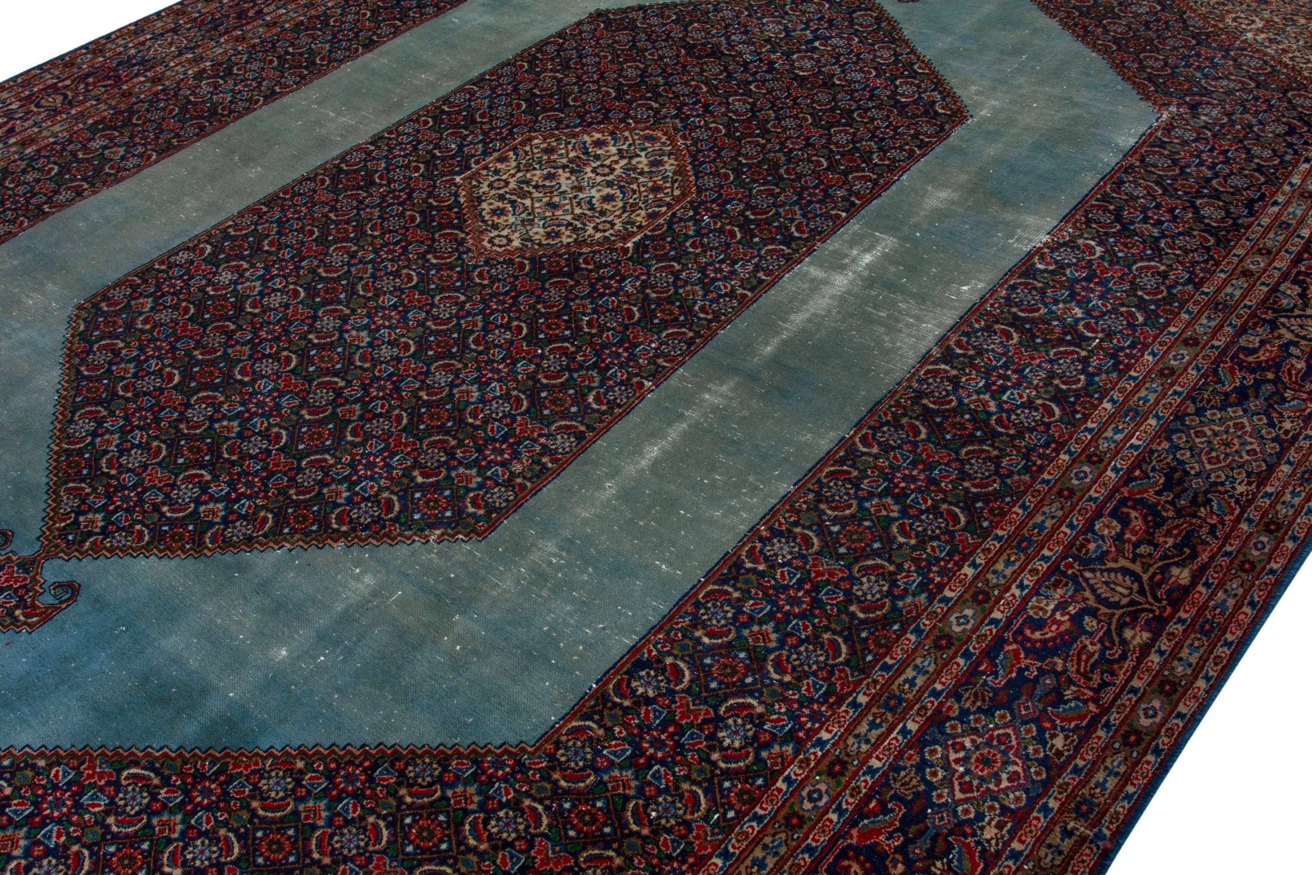 Persian Birjand oversized rug in burgundy and slate blue, view 4 of 19