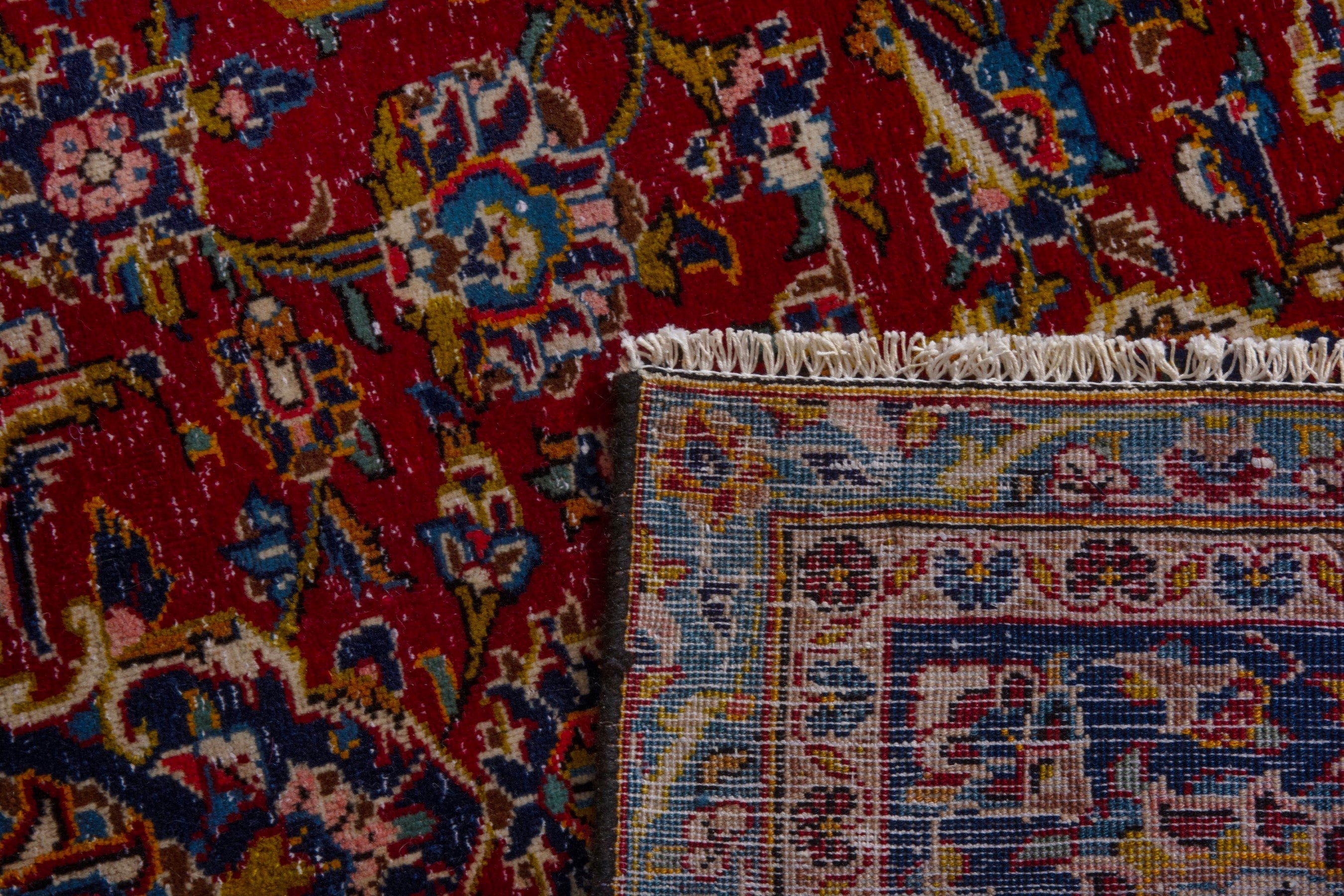 Persian Kashan oversized rug in deep red and dark blue, view 21 of 21