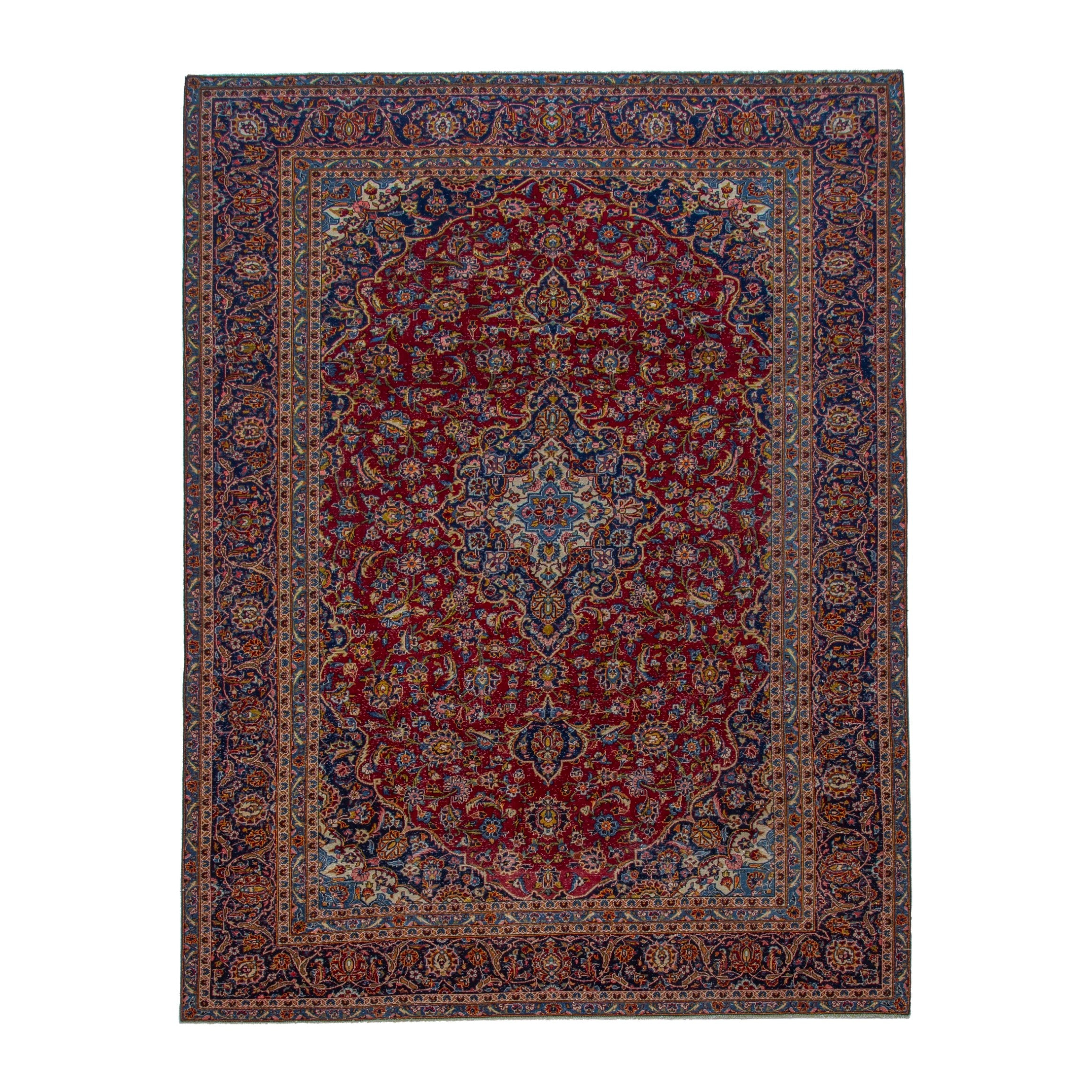 Persian Kashan oversized rug in deep red and dark blue, 8'4" x 11'2"
