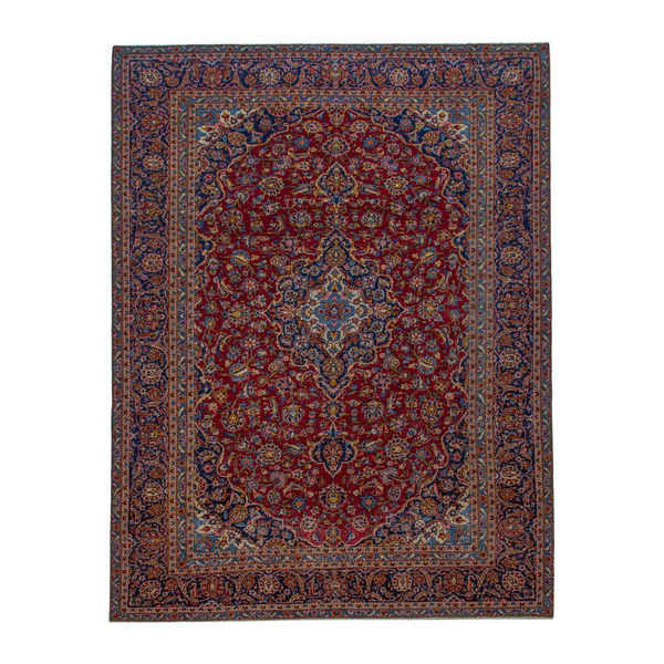 Persian Kashan oversized rug in deep red and dark blue, 8'4" x 11'2"
